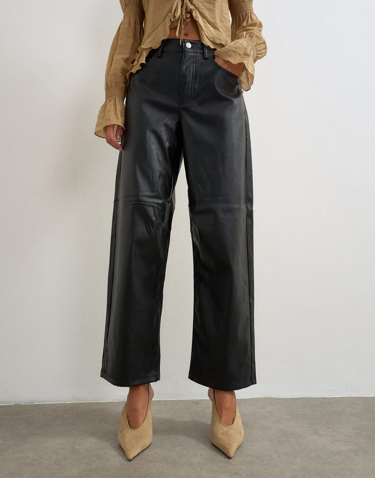 Topshop faux leather barrel leg trouser in black