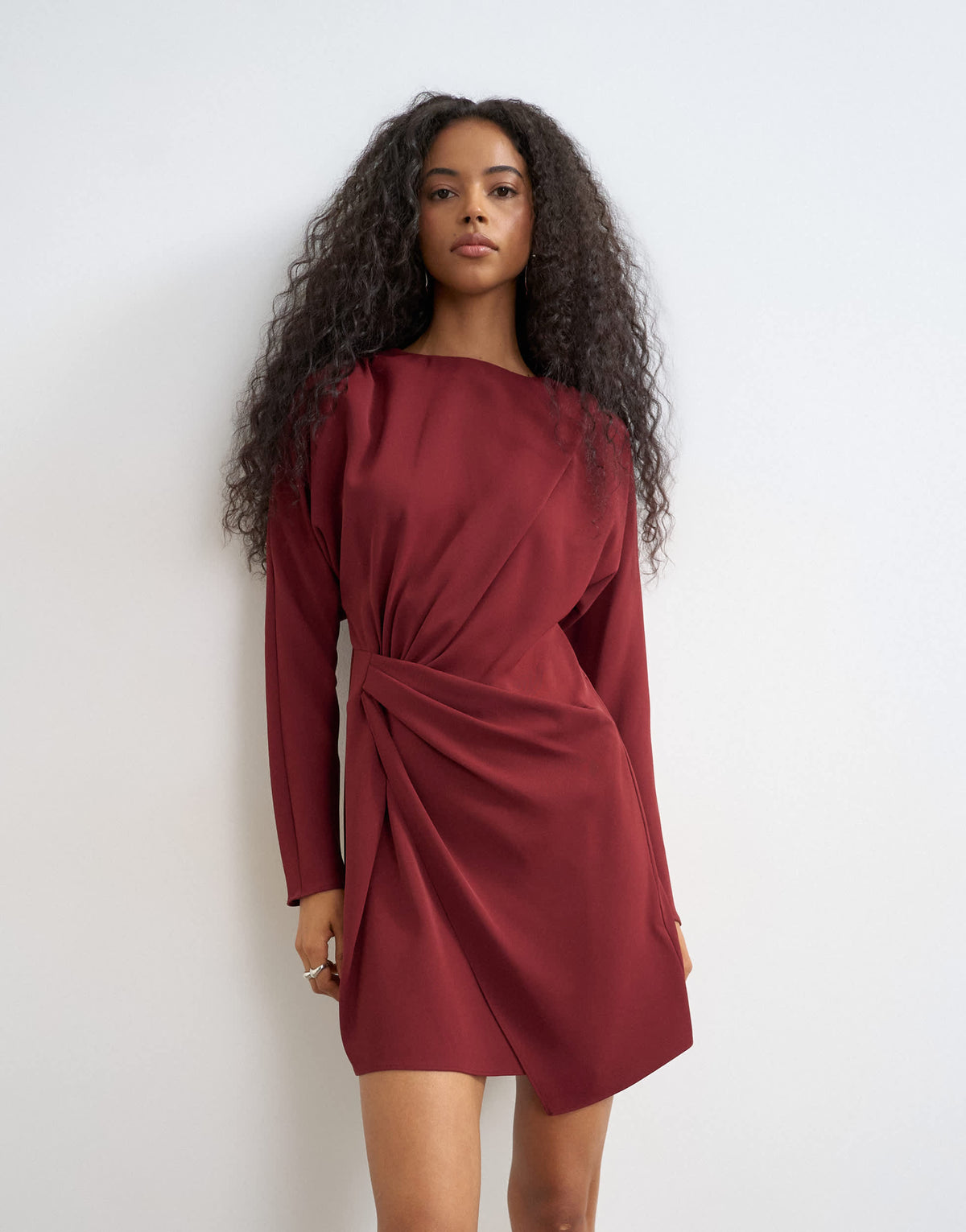 Topshop long sleeve tuck side mini dress in burgundy