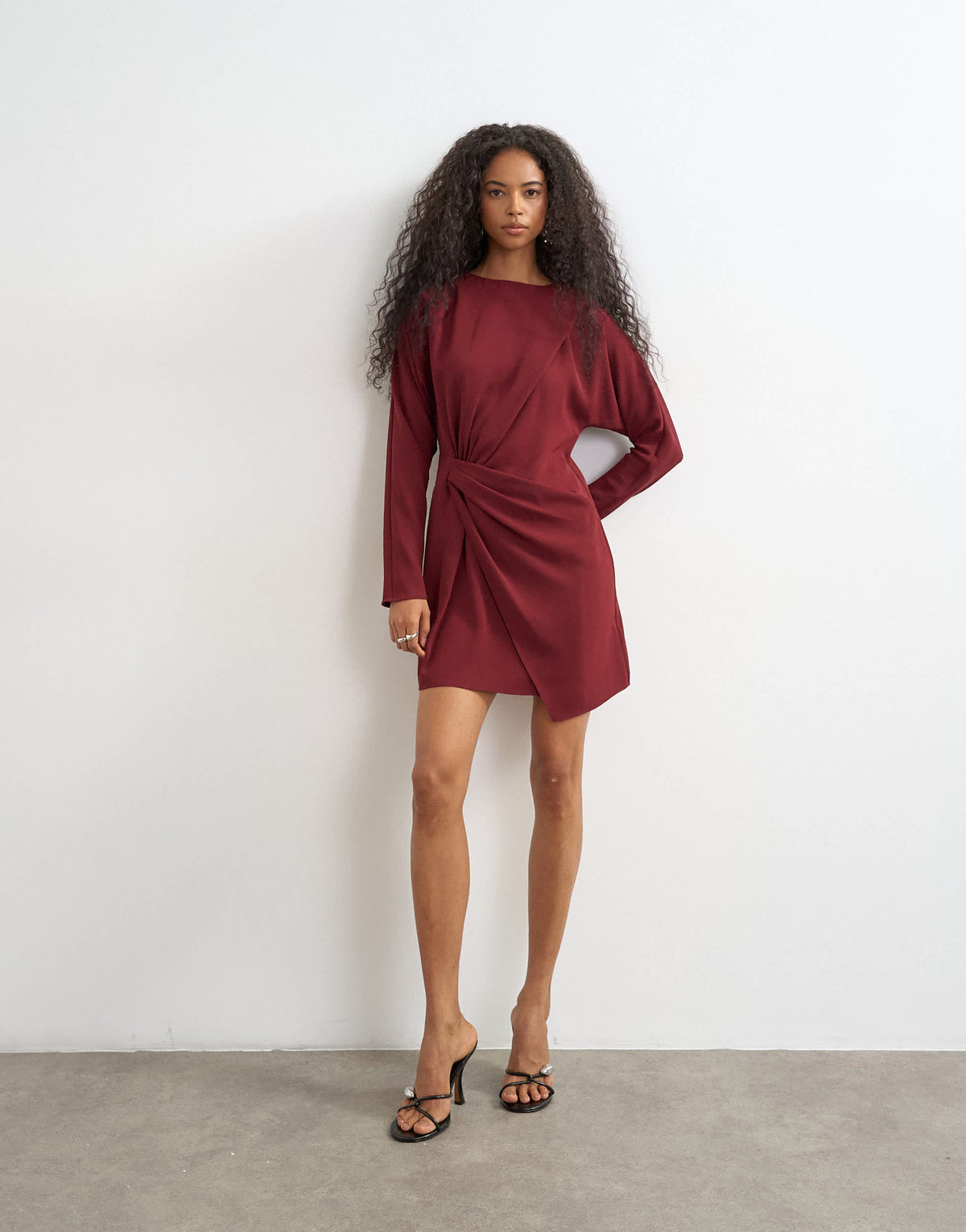 Topshop long sleeve tuck side mini dress in burgundy