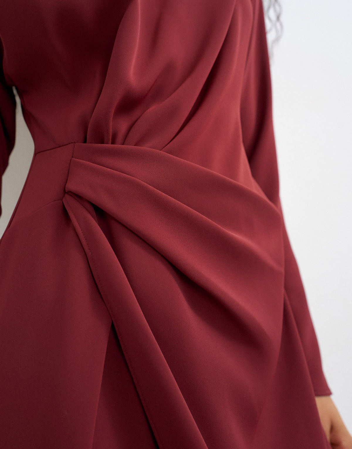 Topshop long sleeve tuck side mini dress in burgundy