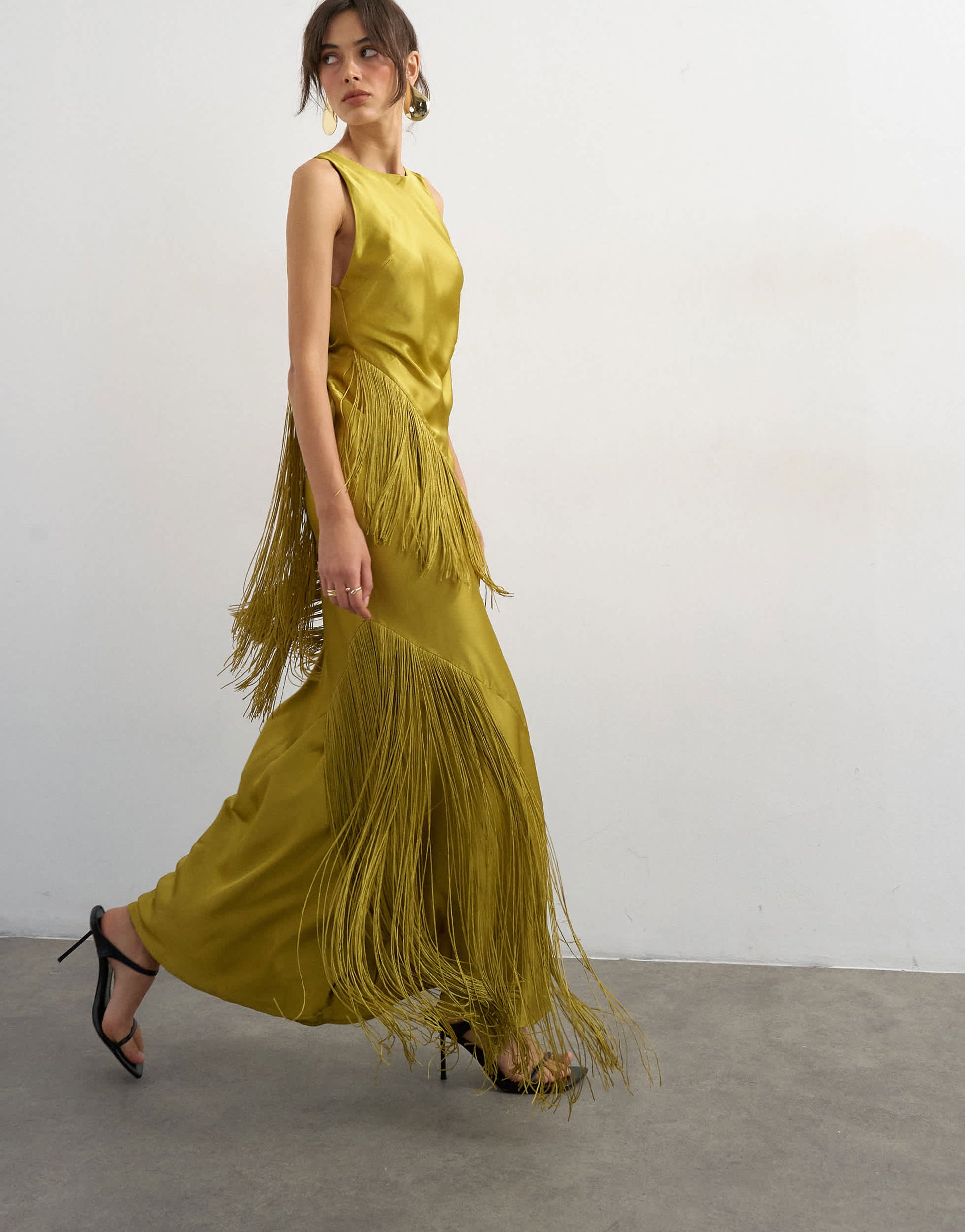 Topshop satin asymmetric fringed maxi dress in olive