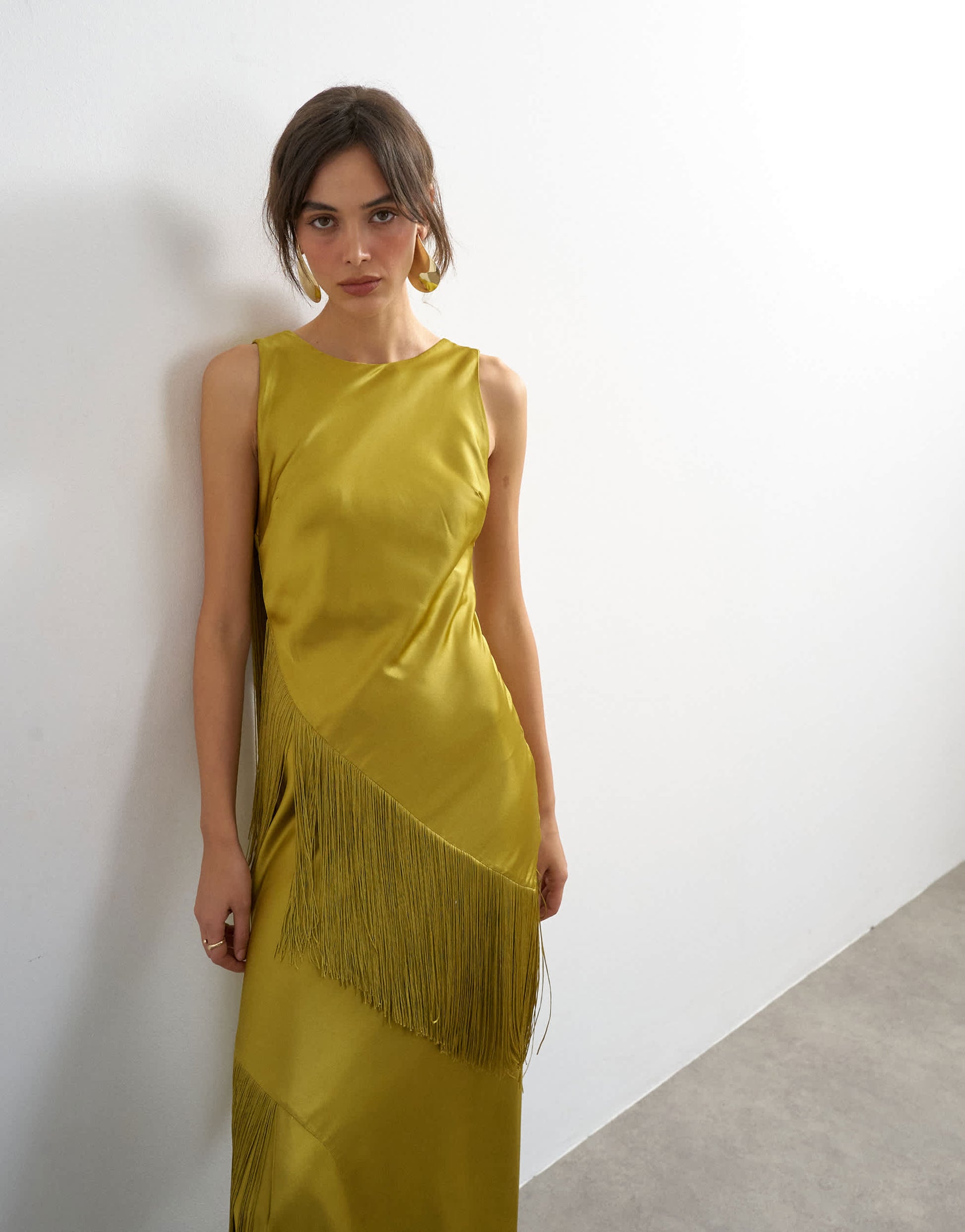Topshop satin asymmetric fringed maxi dress in olive