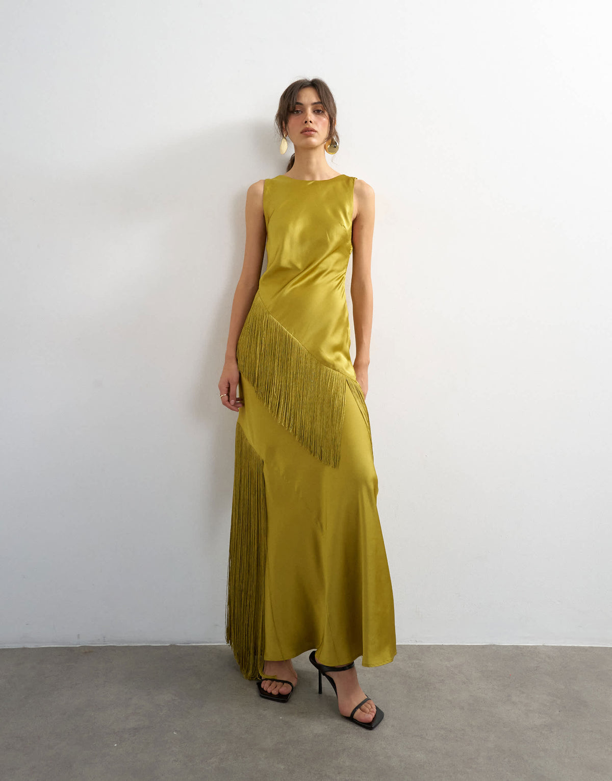 Topshop satin asymmetric fringed maxi dress in olive