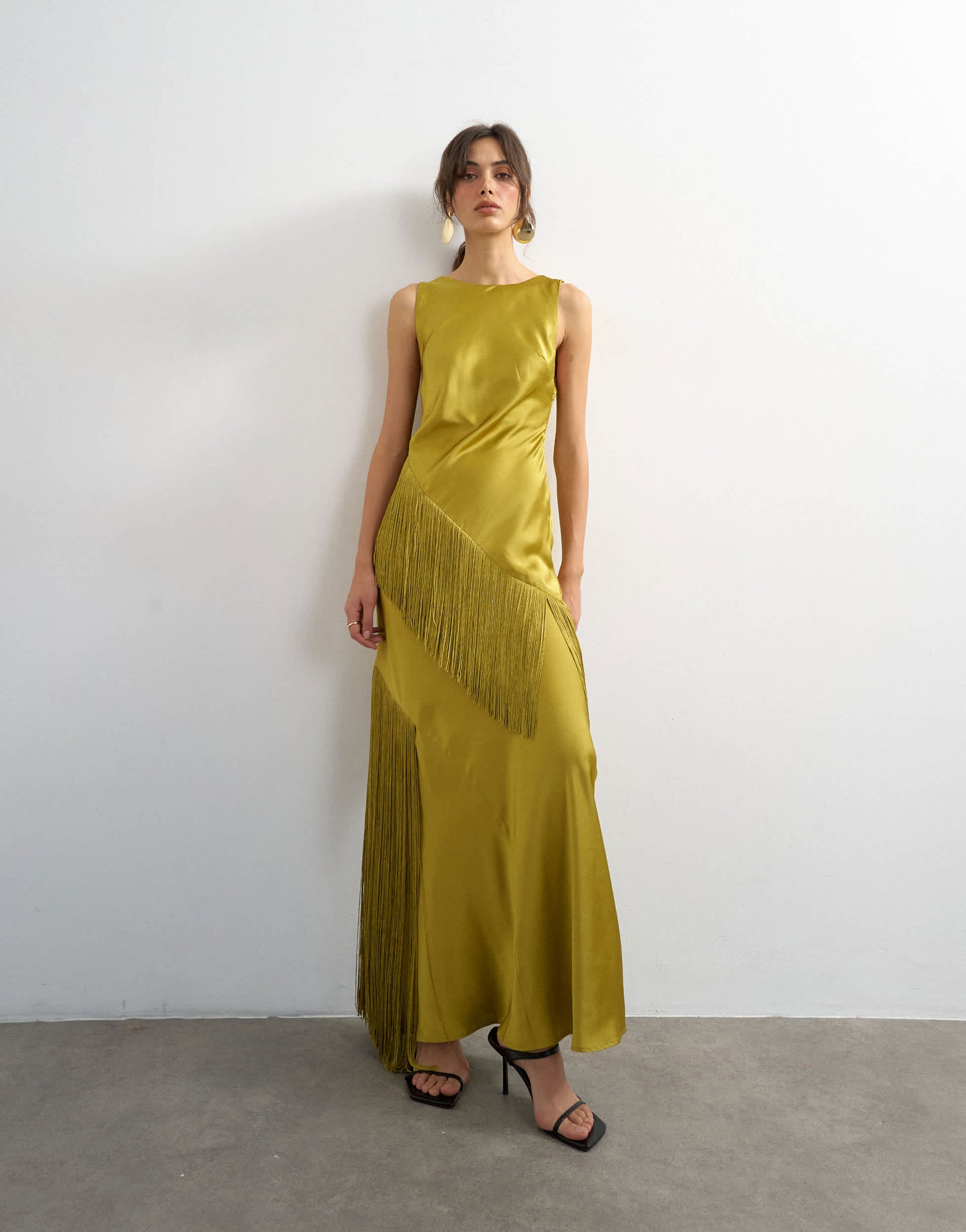 Topshop satin asymmetric fringed maxi dress in olive