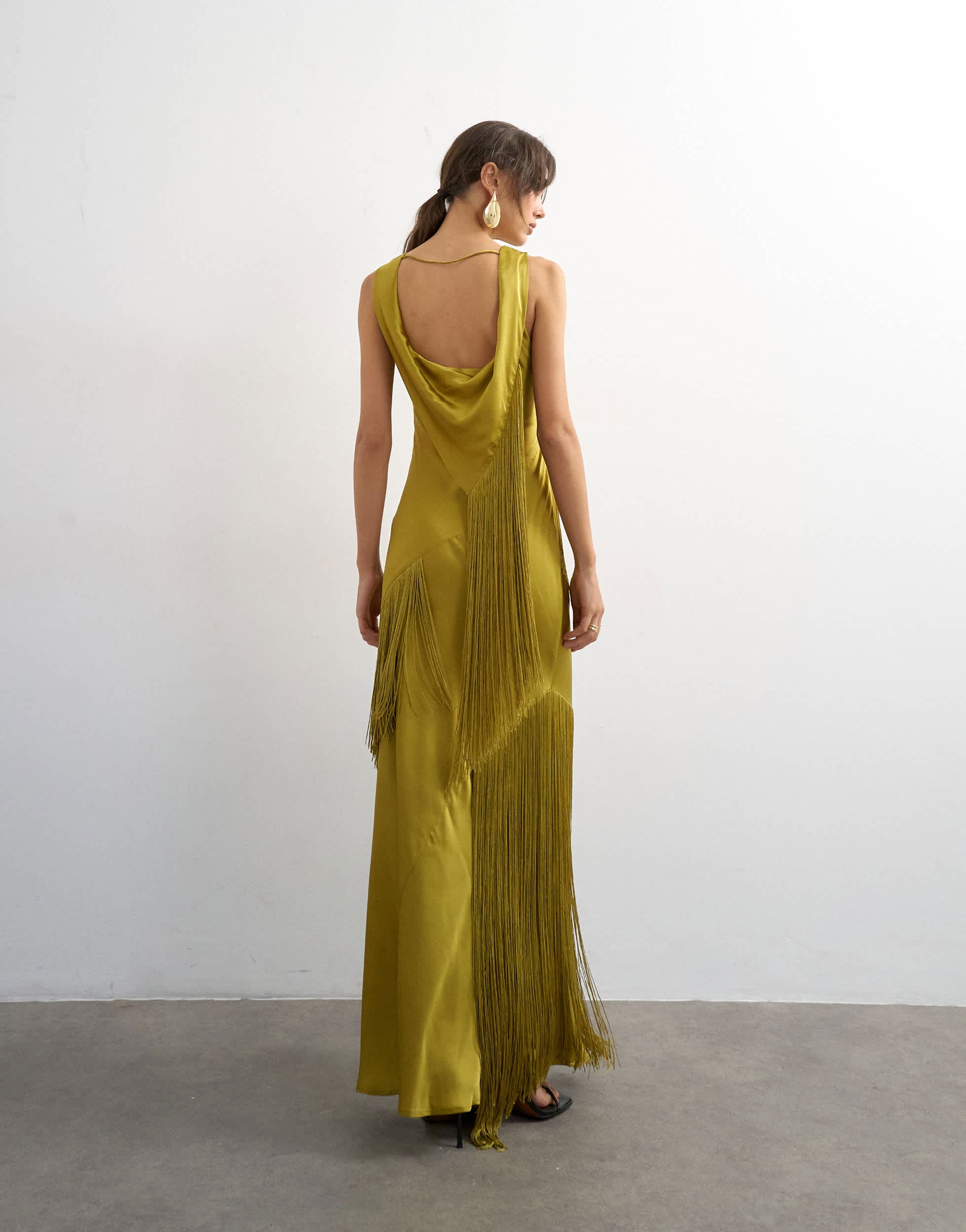 Topshop satin asymmetric fringed maxi dress in olive