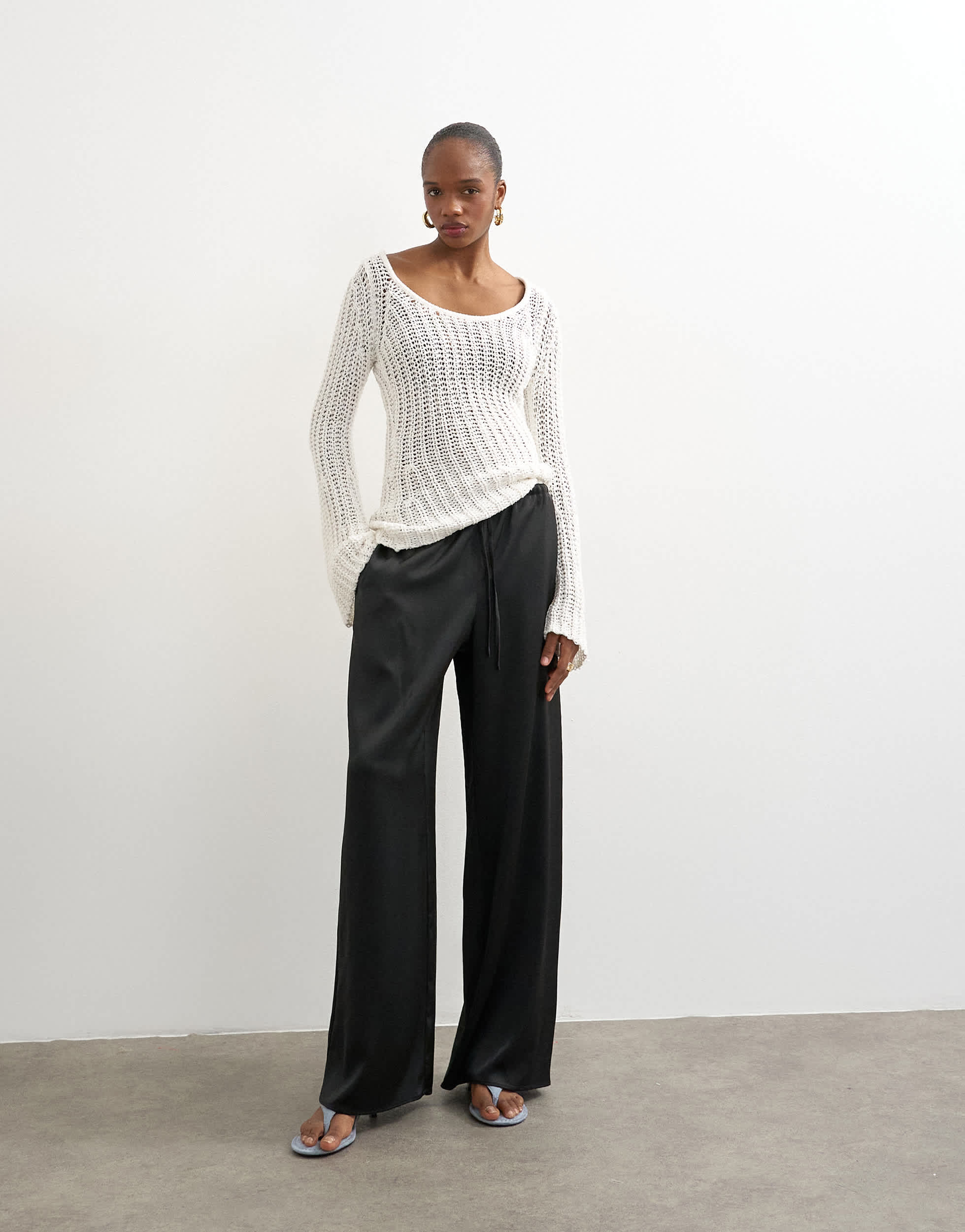 Topshop satin tie waist wide leg trouser in black