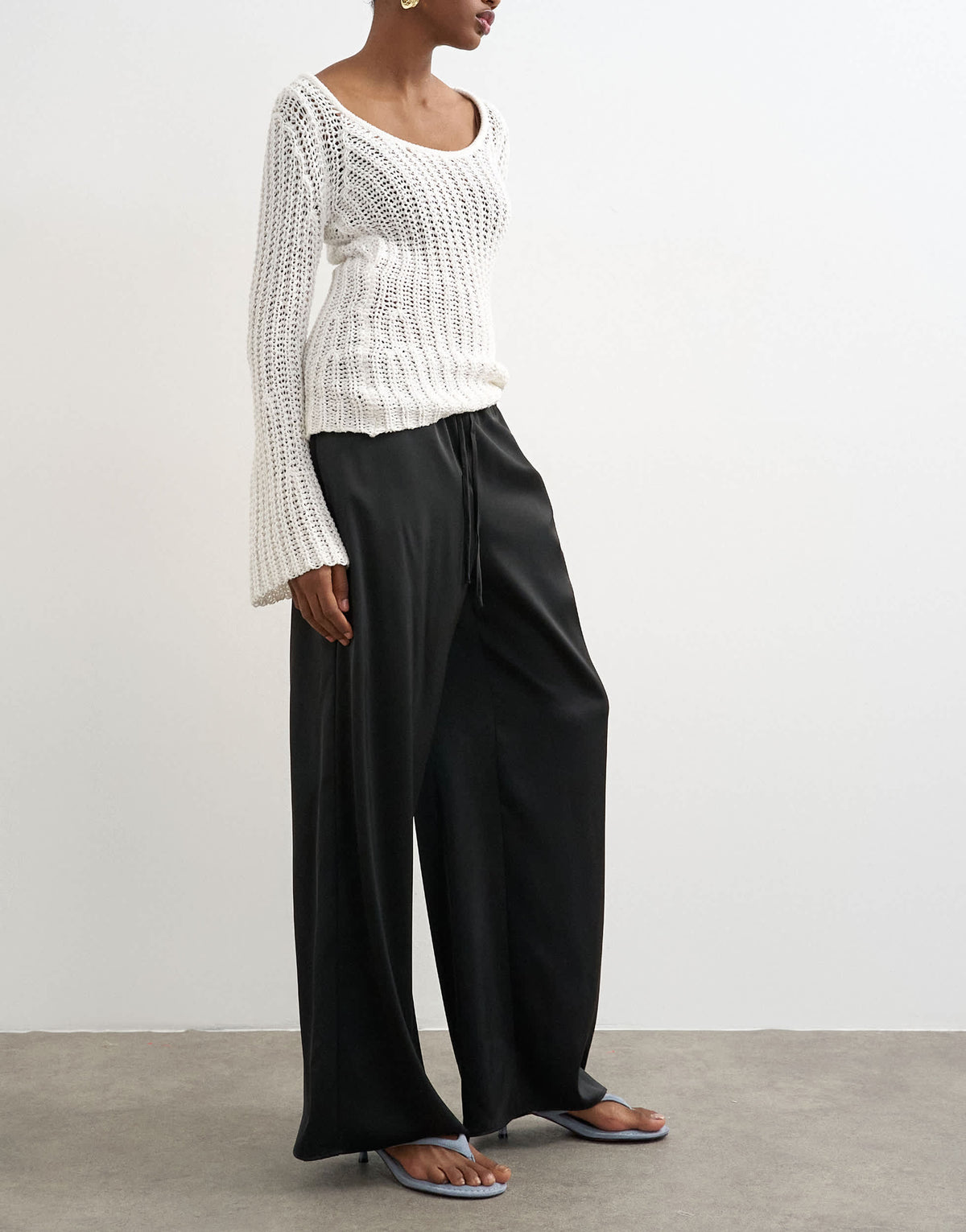Topshop satin tie waist wide leg trouser in black