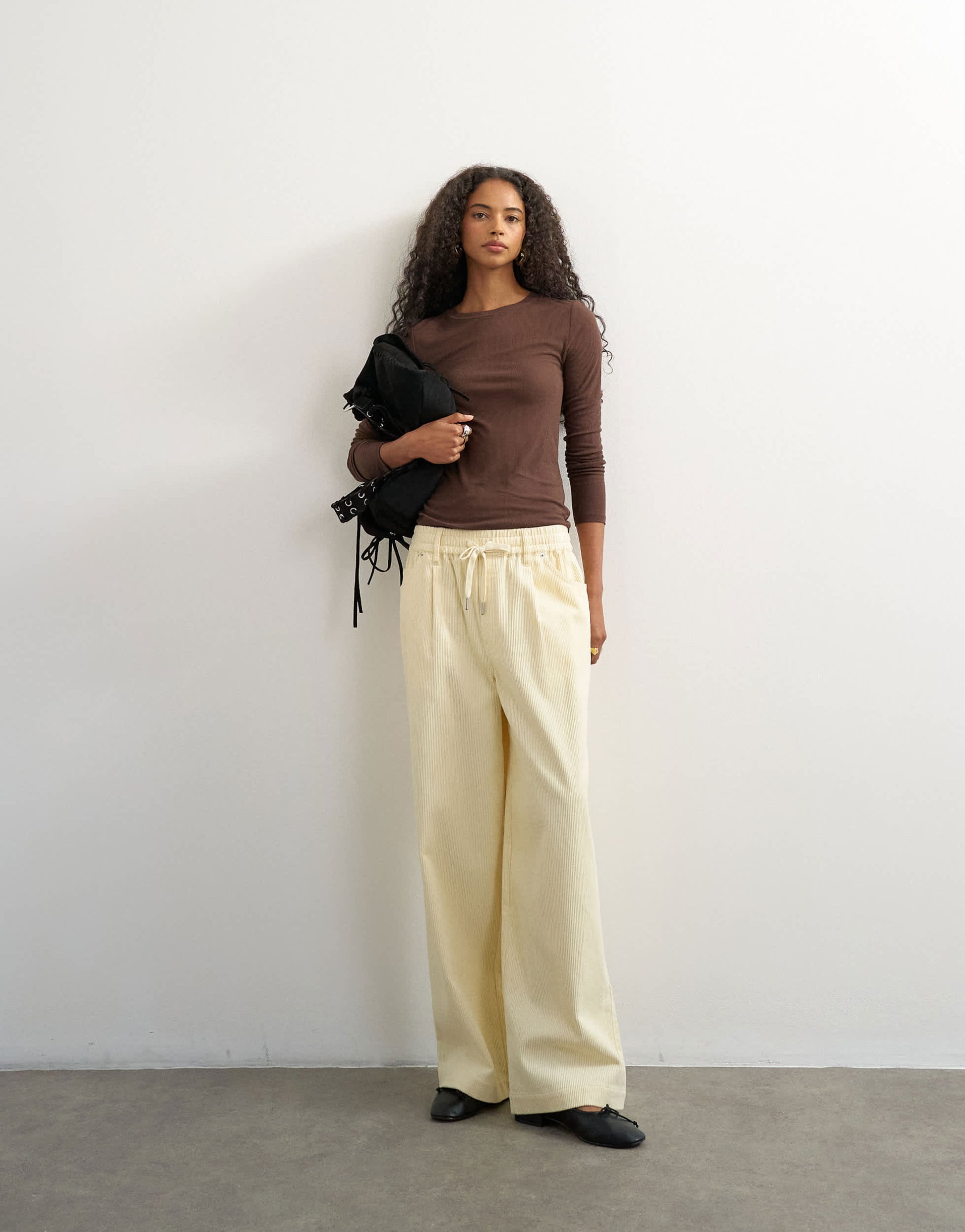 Topshop cord wide leg pull on trouser in stone