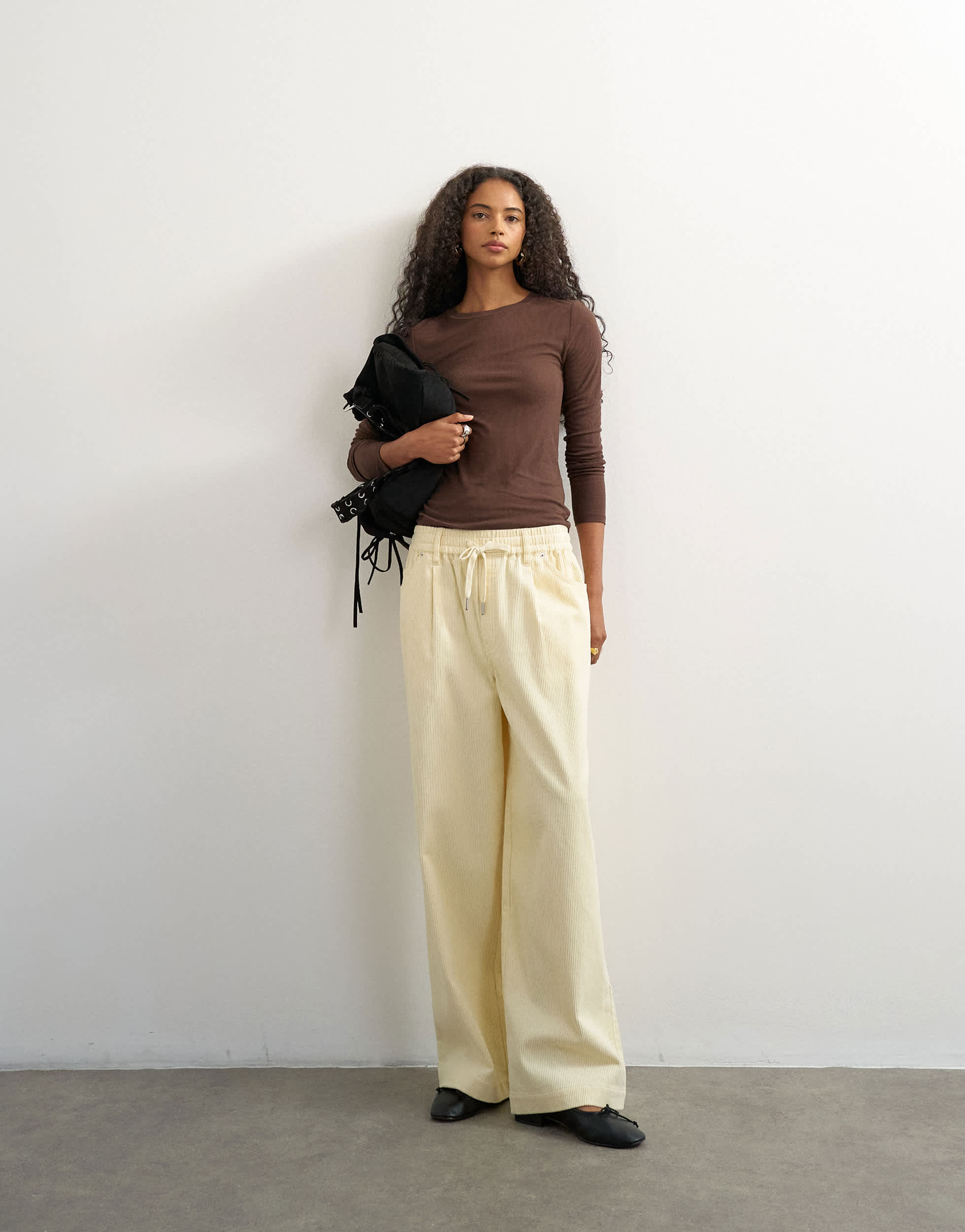 Topshop cord wide leg pull on trouser in stone