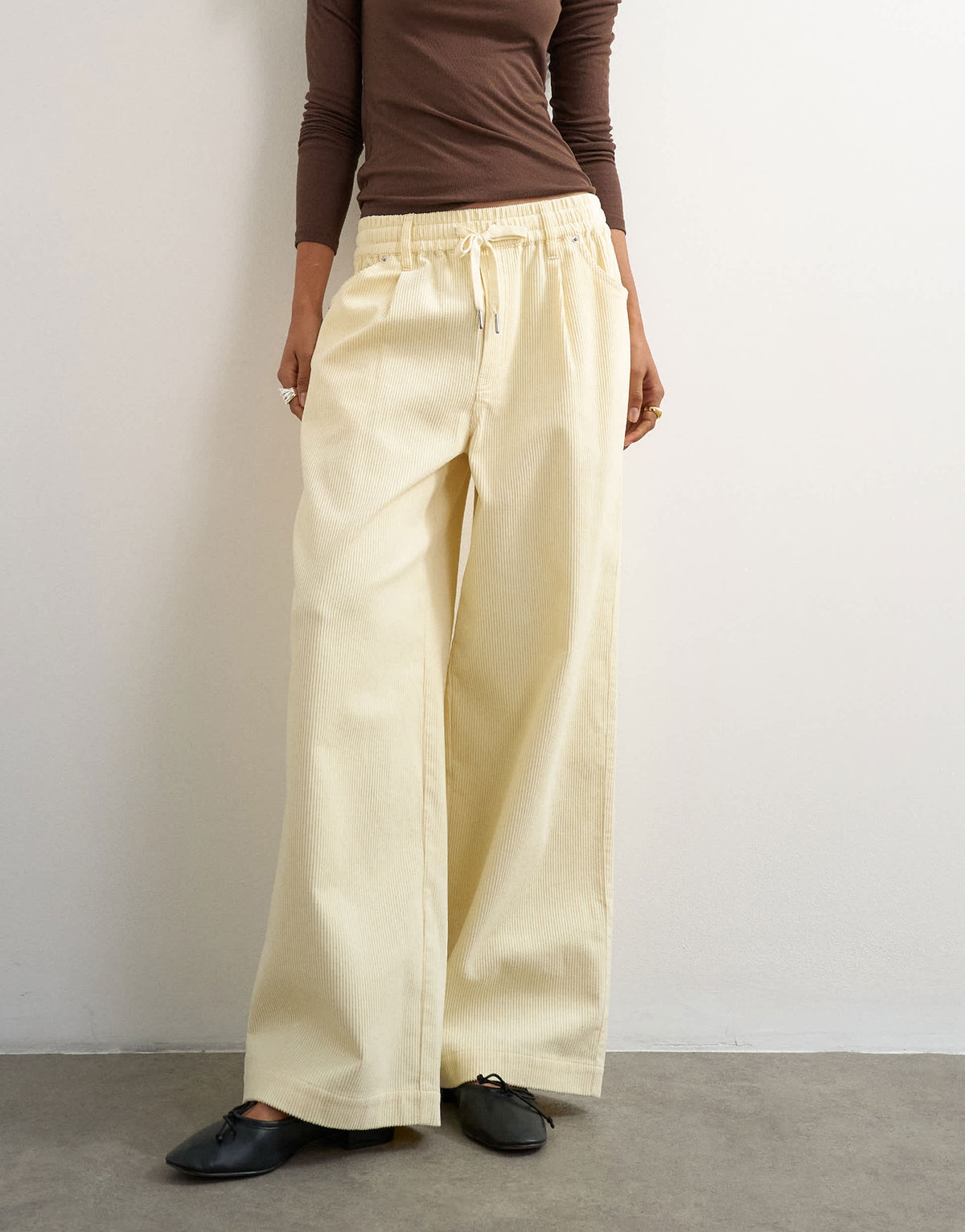 Topshop cord wide leg pull on trouser in stone