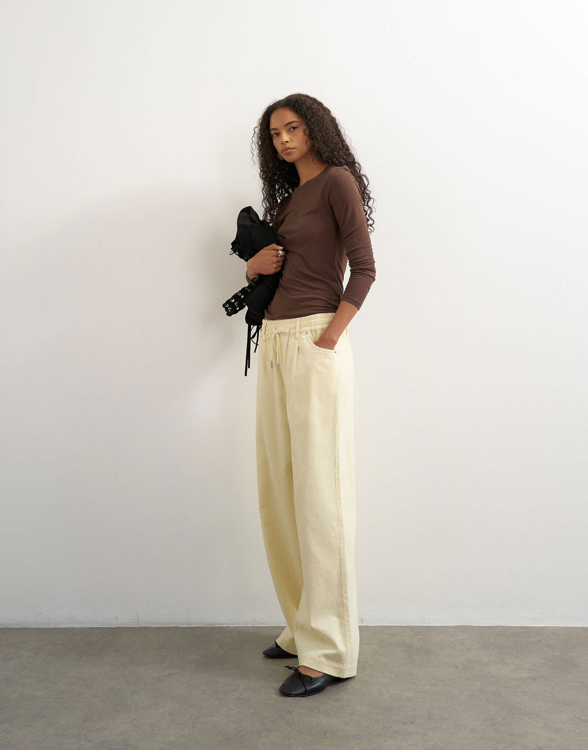 Topshop cord wide leg pull on trouser in stone