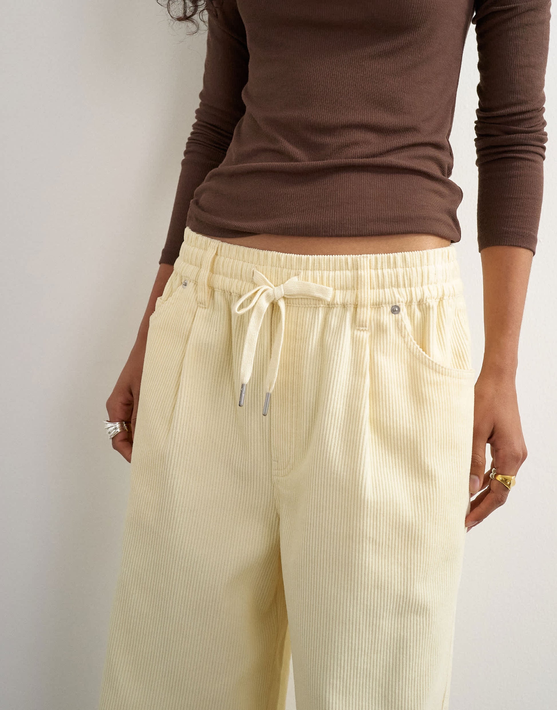 Topshop cord wide leg pull on trouser in stone