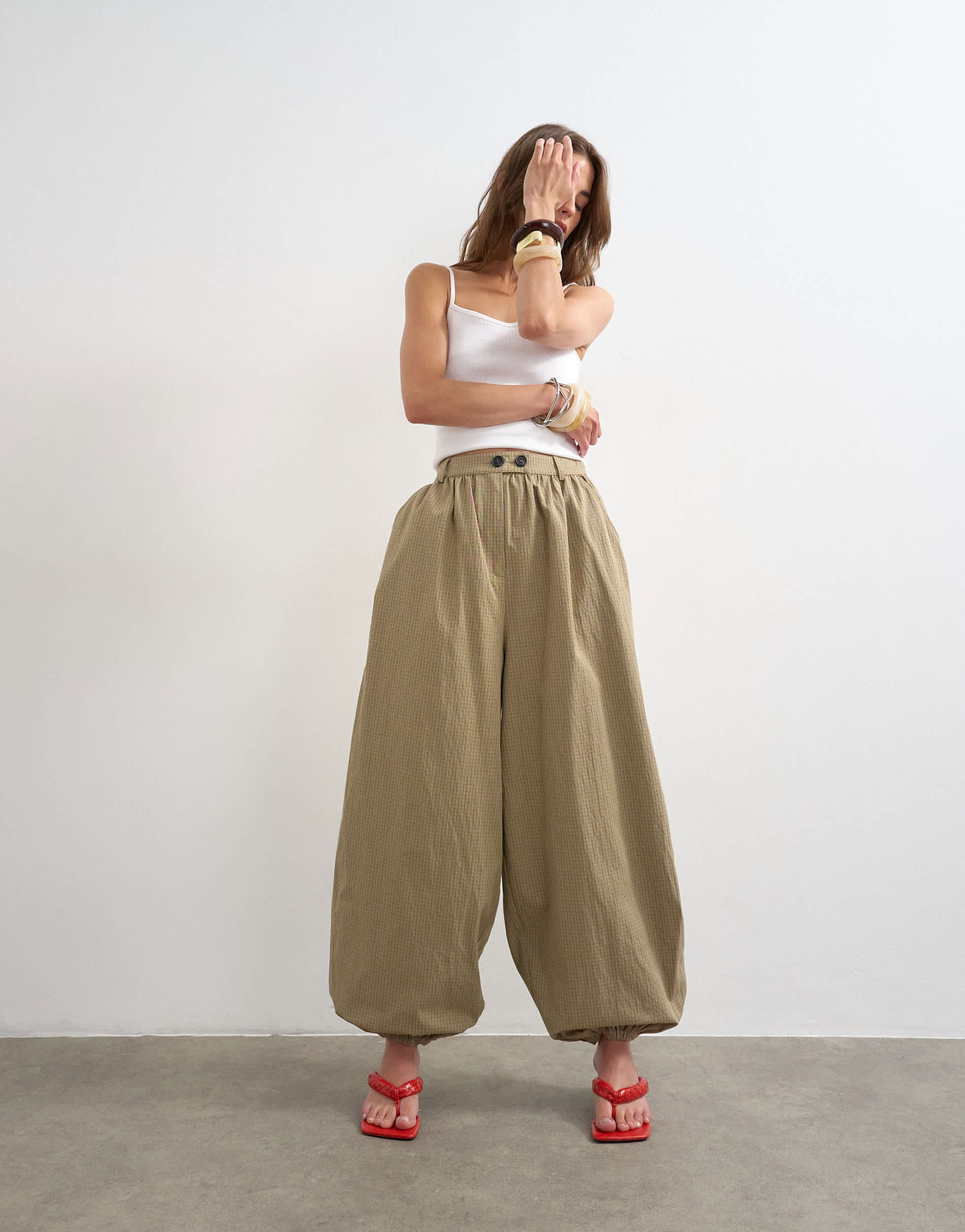 Topshop check extreme balloon trouser in neutral