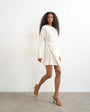 Topshop long sleeve high neck tuck side mini dress in off white