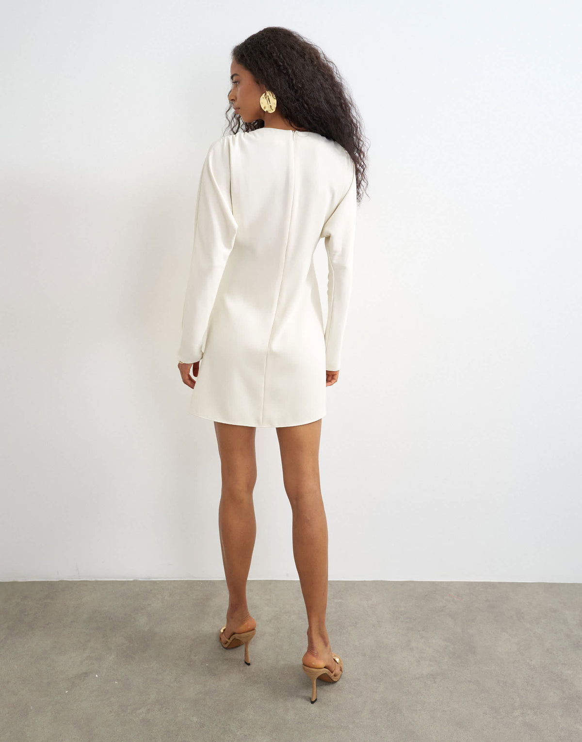 Topshop long sleeve high neck tuck side mini dress in off white