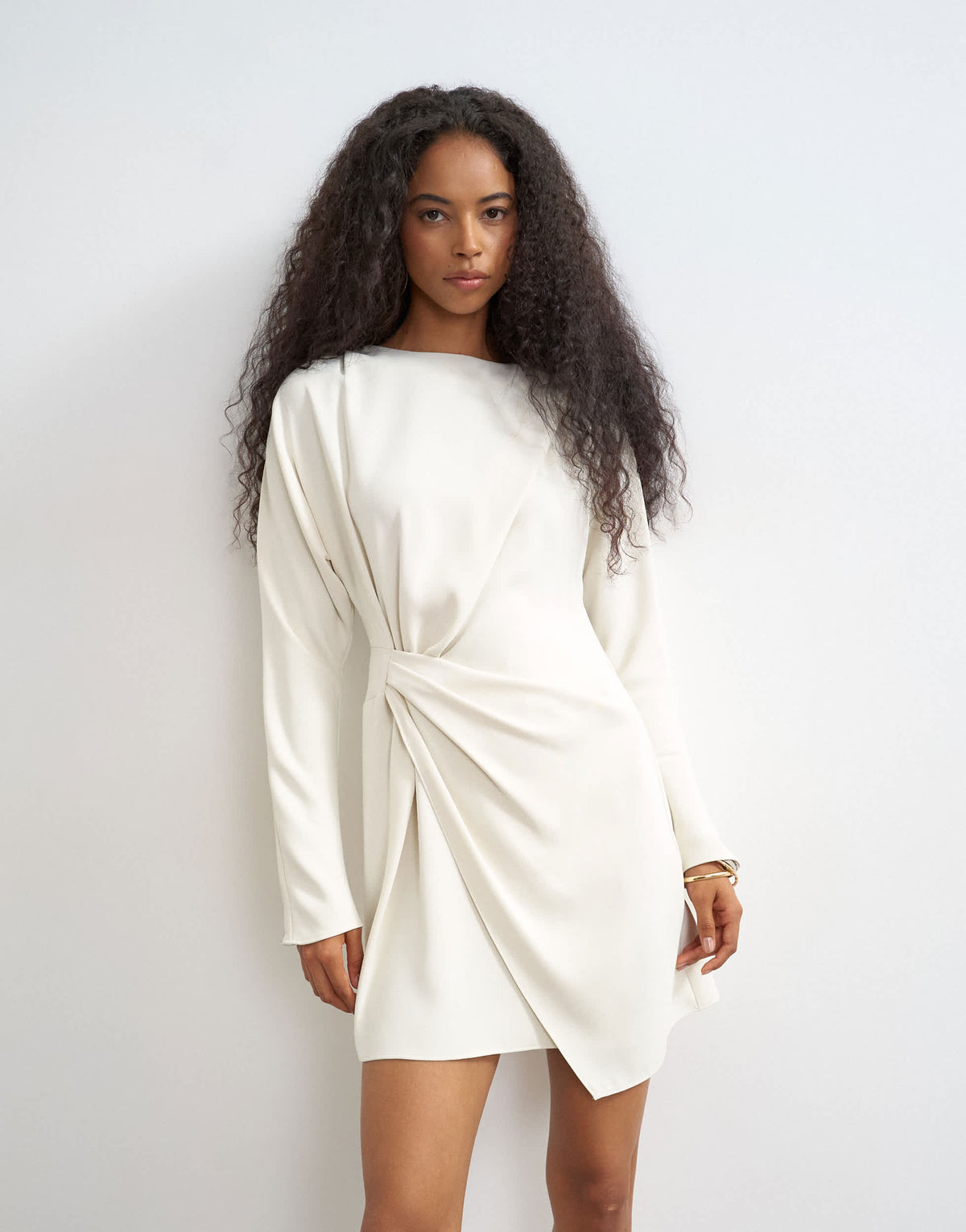 Topshop long sleeve high neck tuck side mini dress in off white
