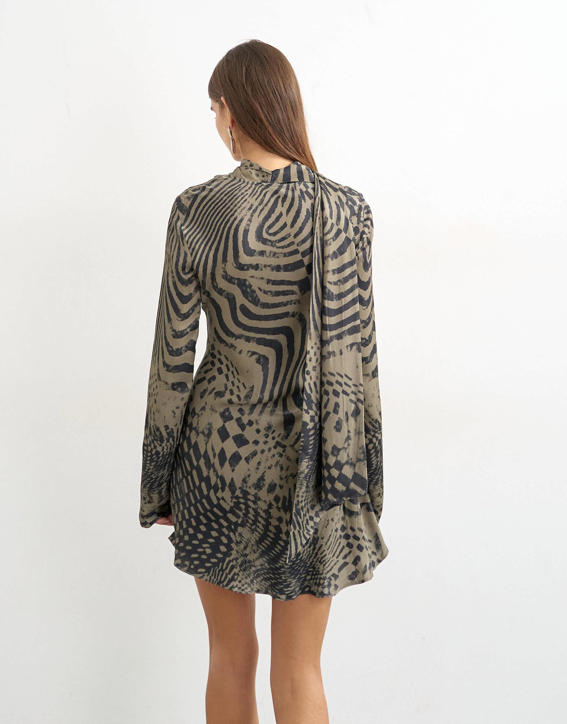 Topshop long sleeve ruffle mini dress with scarf wrap detail in abstract woodgrain print