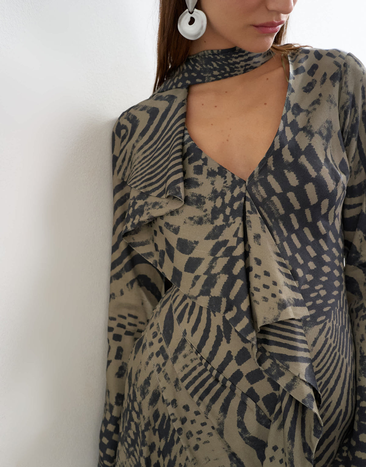 Topshop long sleeve ruffle mini dress with scarf wrap detail in abstract woodgrain print