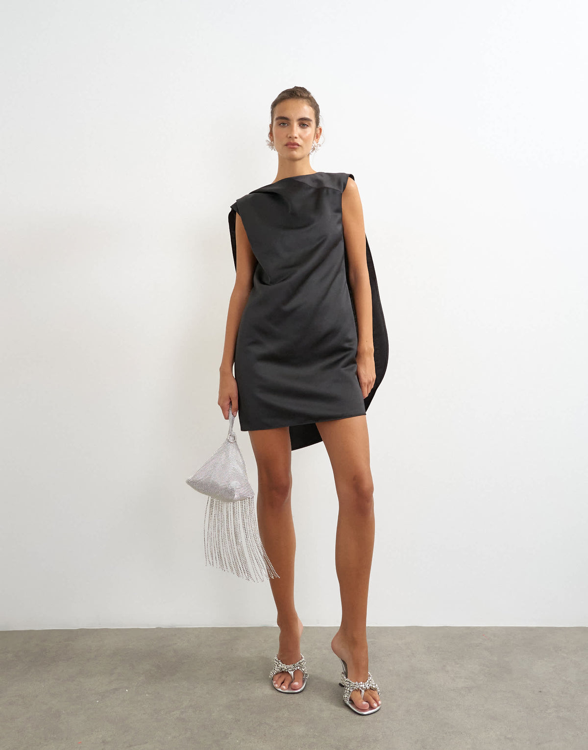 Topshop satin asymmetric pleat detail cape back mini dress in black