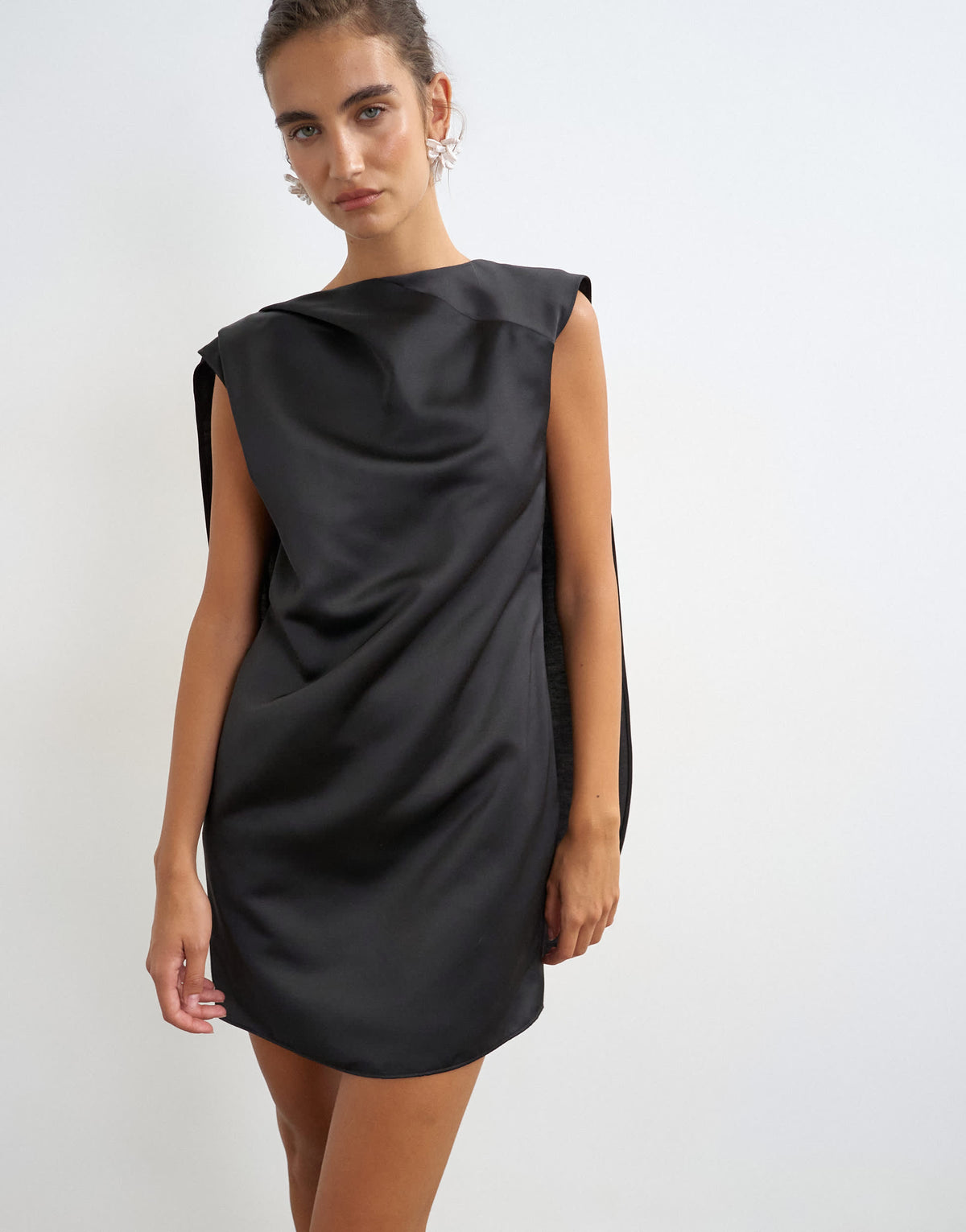 Topshop satin asymmetric pleat detail cape back mini dress in black