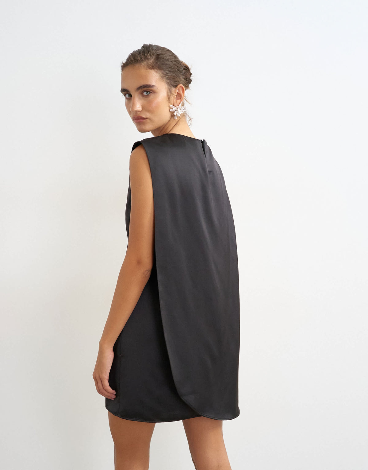 Topshop satin asymmetric pleat detail cape back mini dress in black