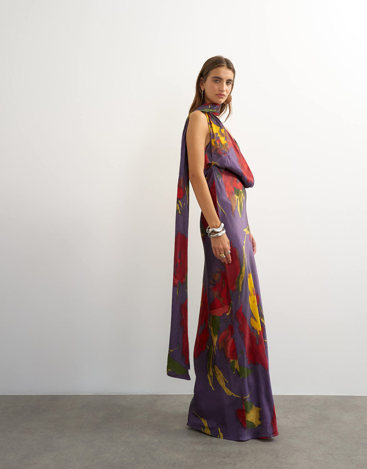 Topshop satin slip maxi dress with scarf neck detail in dark based floral