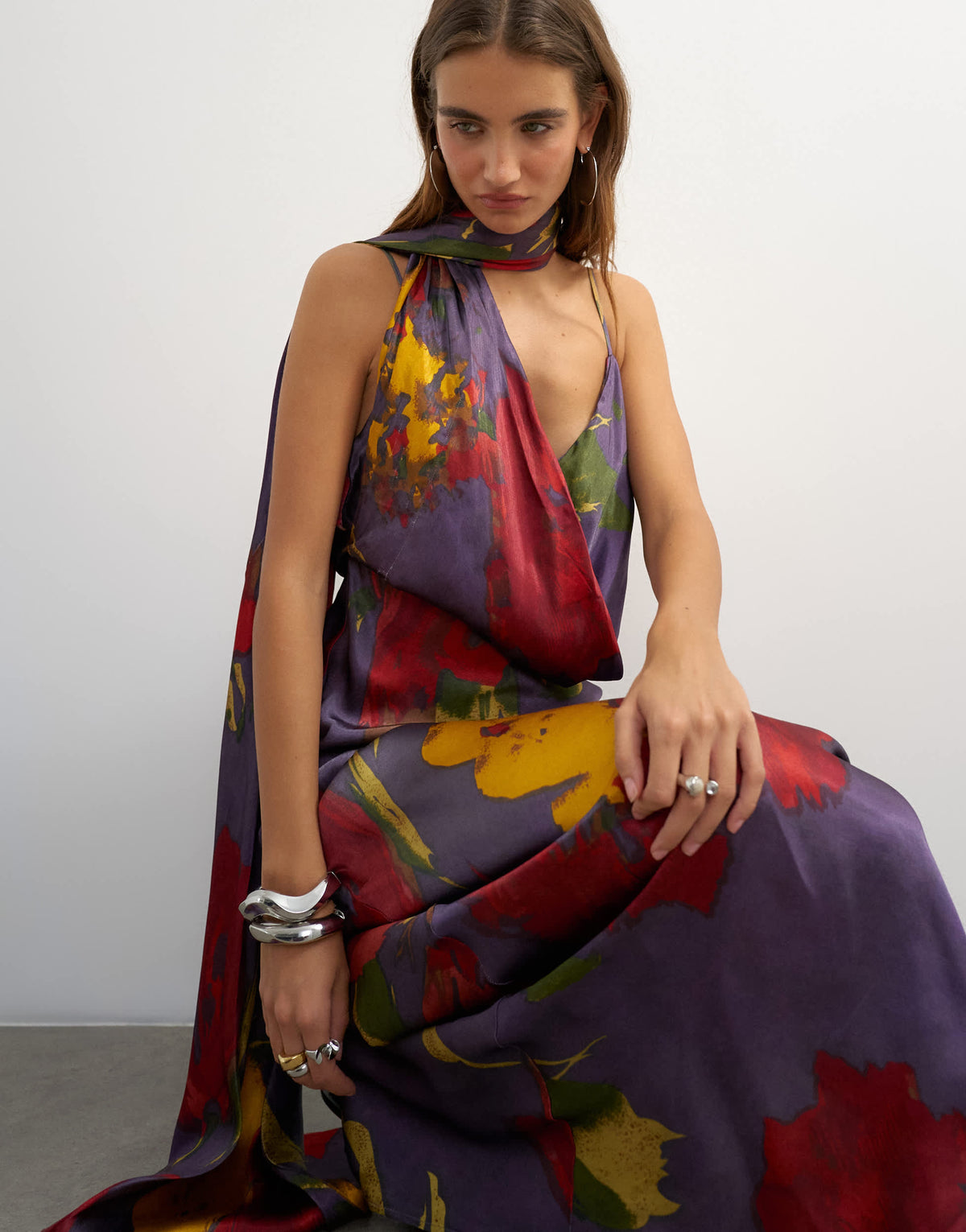 Topshop satin slip maxi dress with scarf neck detail in dark based floral