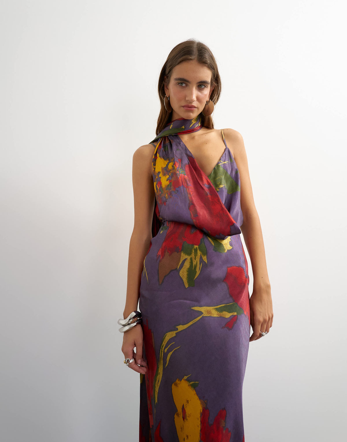 Topshop satin slip maxi dress with scarf neck detail in dark based floral