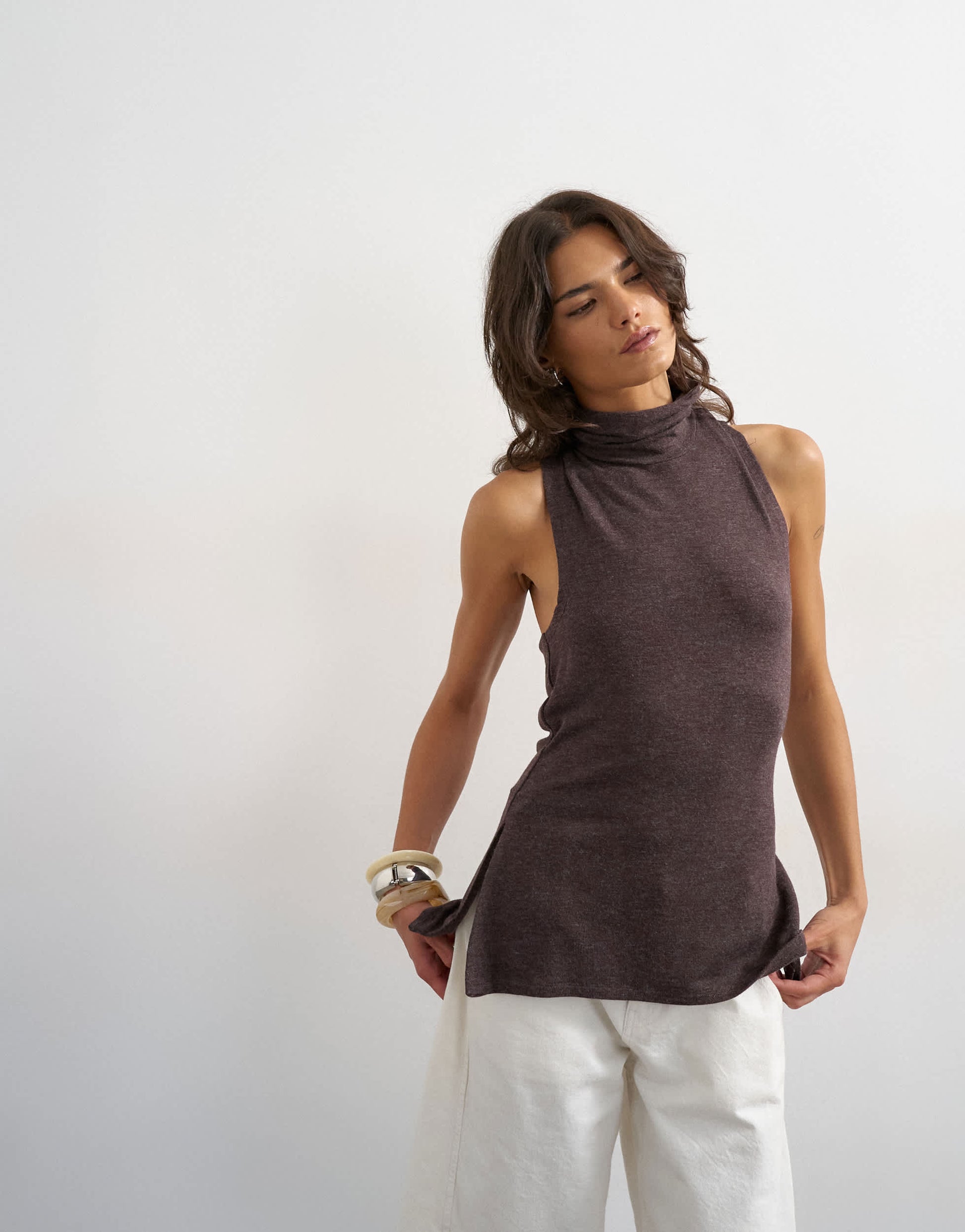 Topshop high neck twist back detail tank in dark chocolate