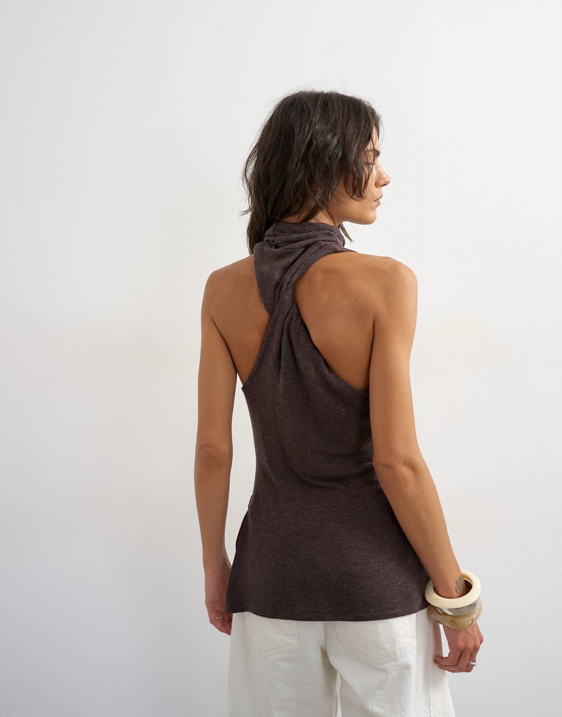 Topshop high neck twist back detail tank in dark chocolate