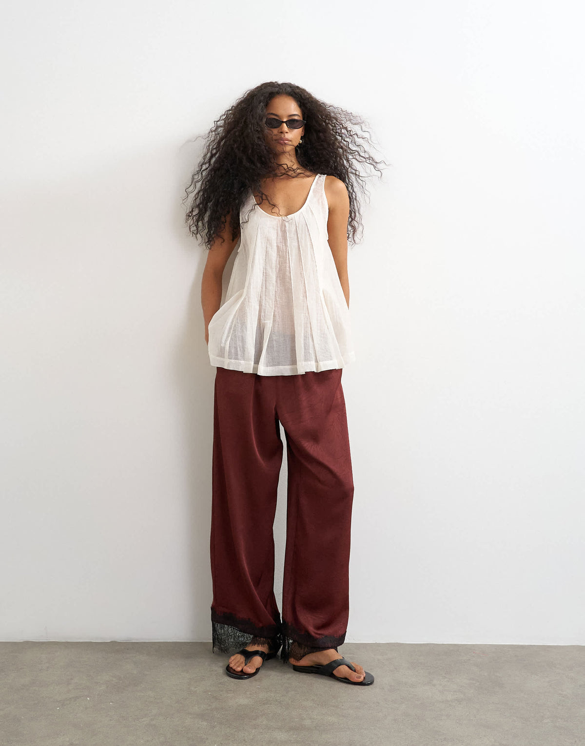 Topshop crinkle satin lace insert trouser in burgundy