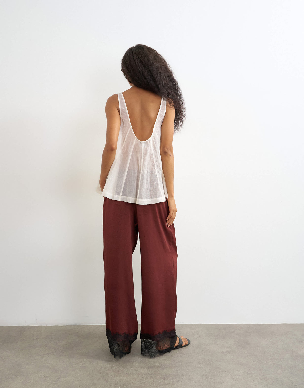 Topshop crinkle satin lace insert trouser in burgundy