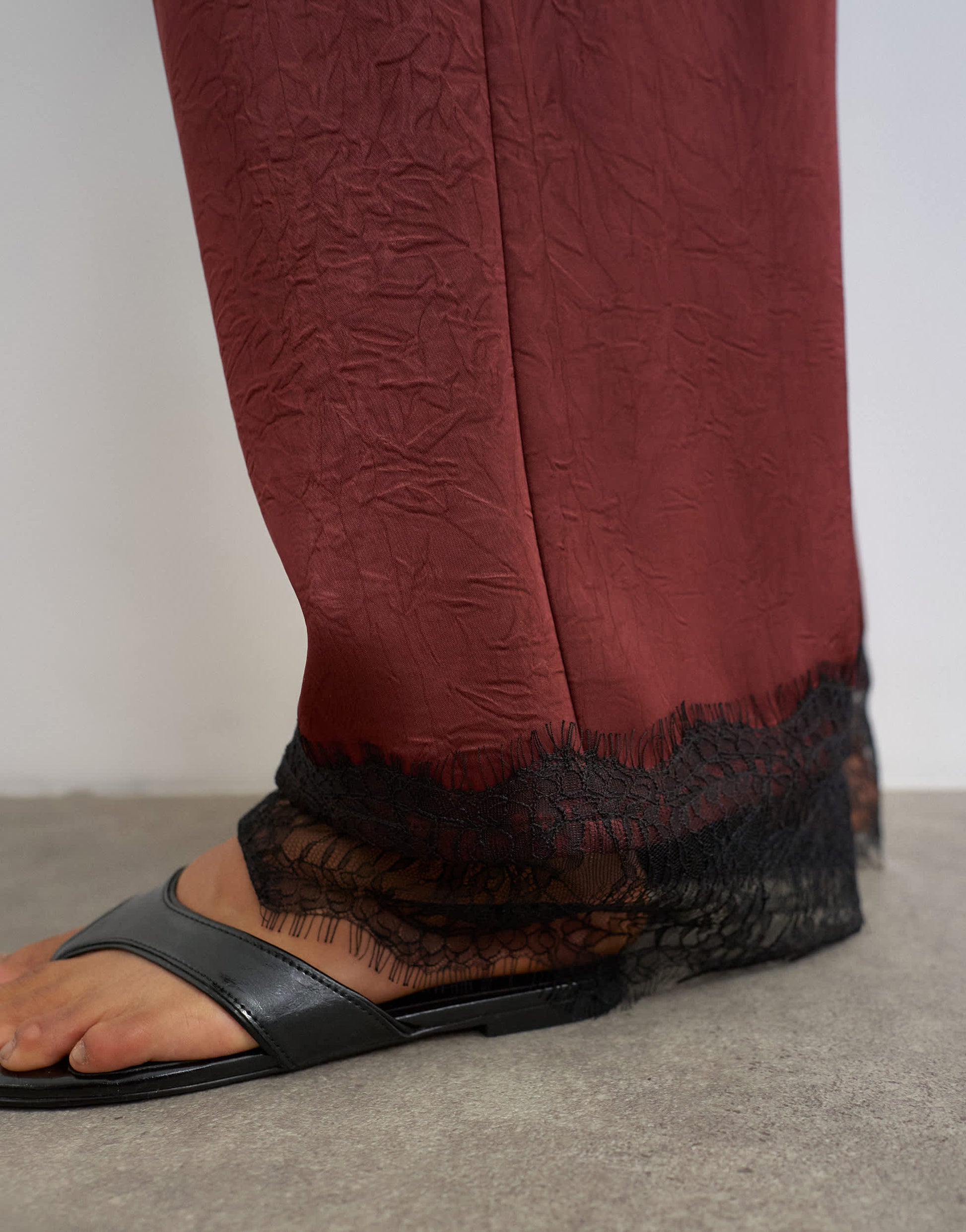 Topshop crinkle satin lace insert trouser in burgundy