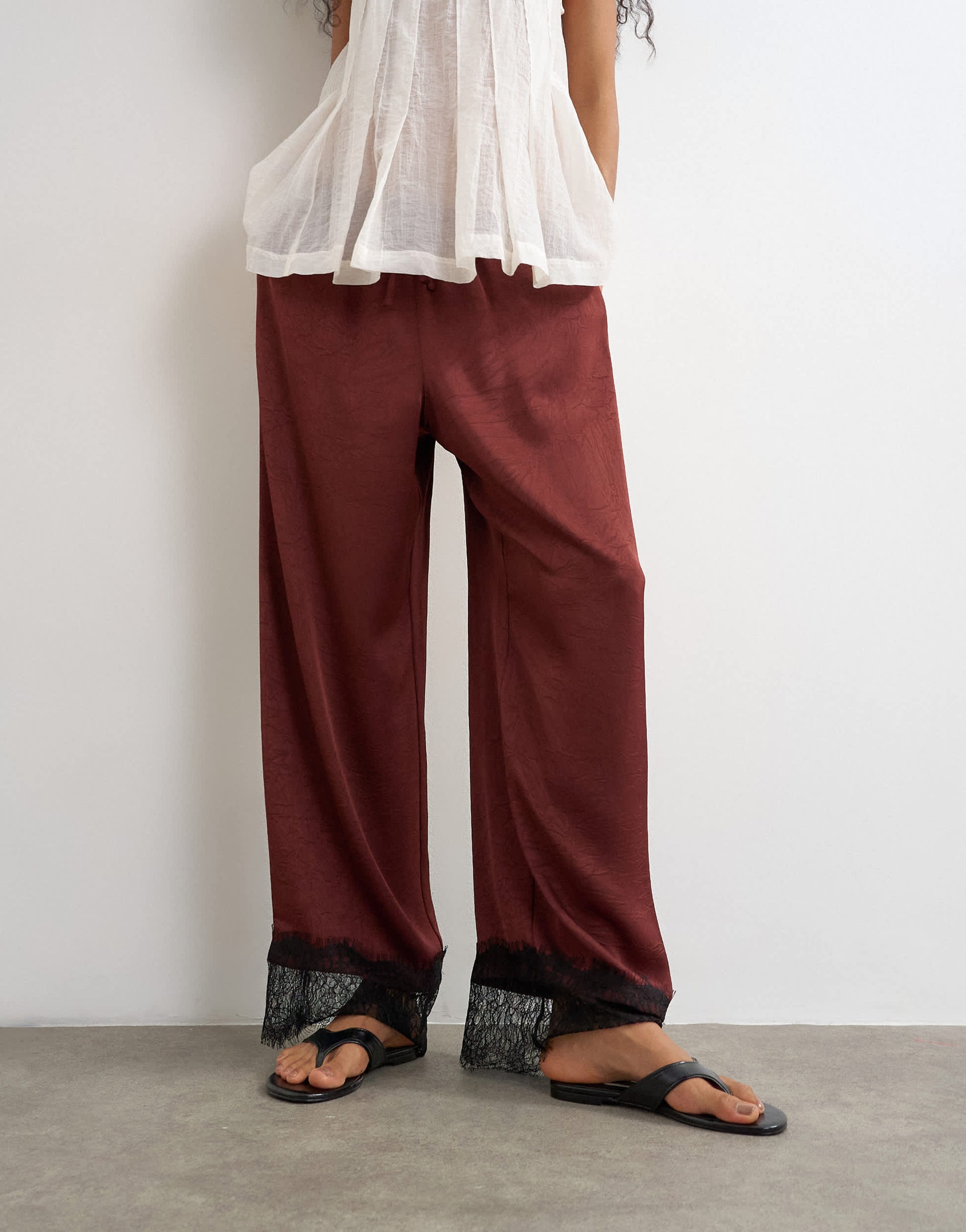Topshop crinkle satin lace insert trouser in burgundy
