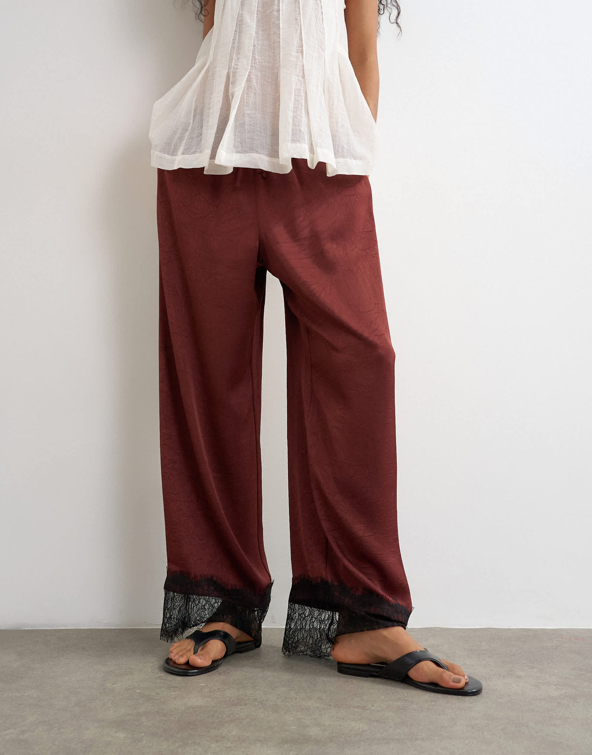 Topshop crinkle satin lace insert trouser in burgundy