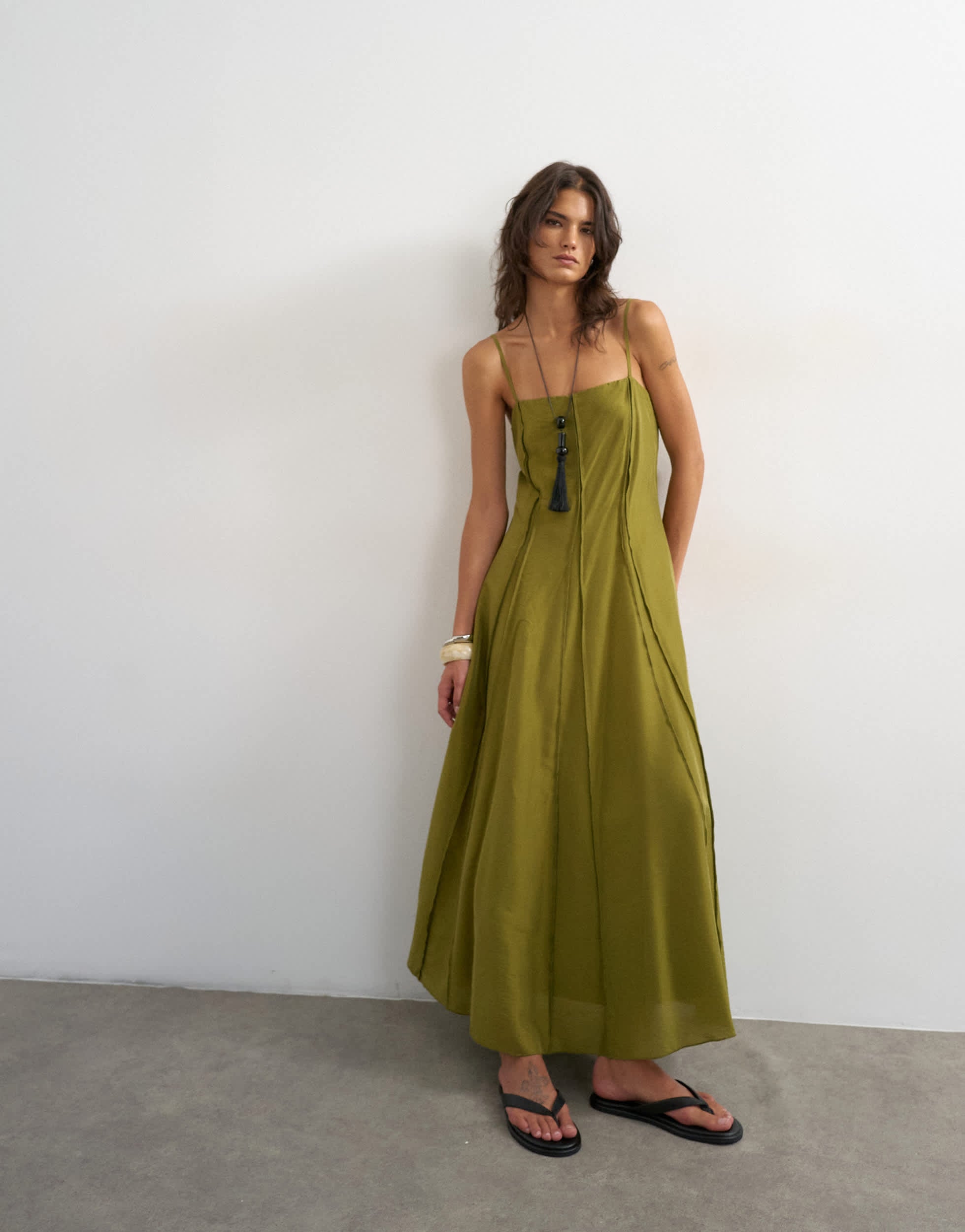 Topshop raw seamed strappy maxi dress in chartreuse green