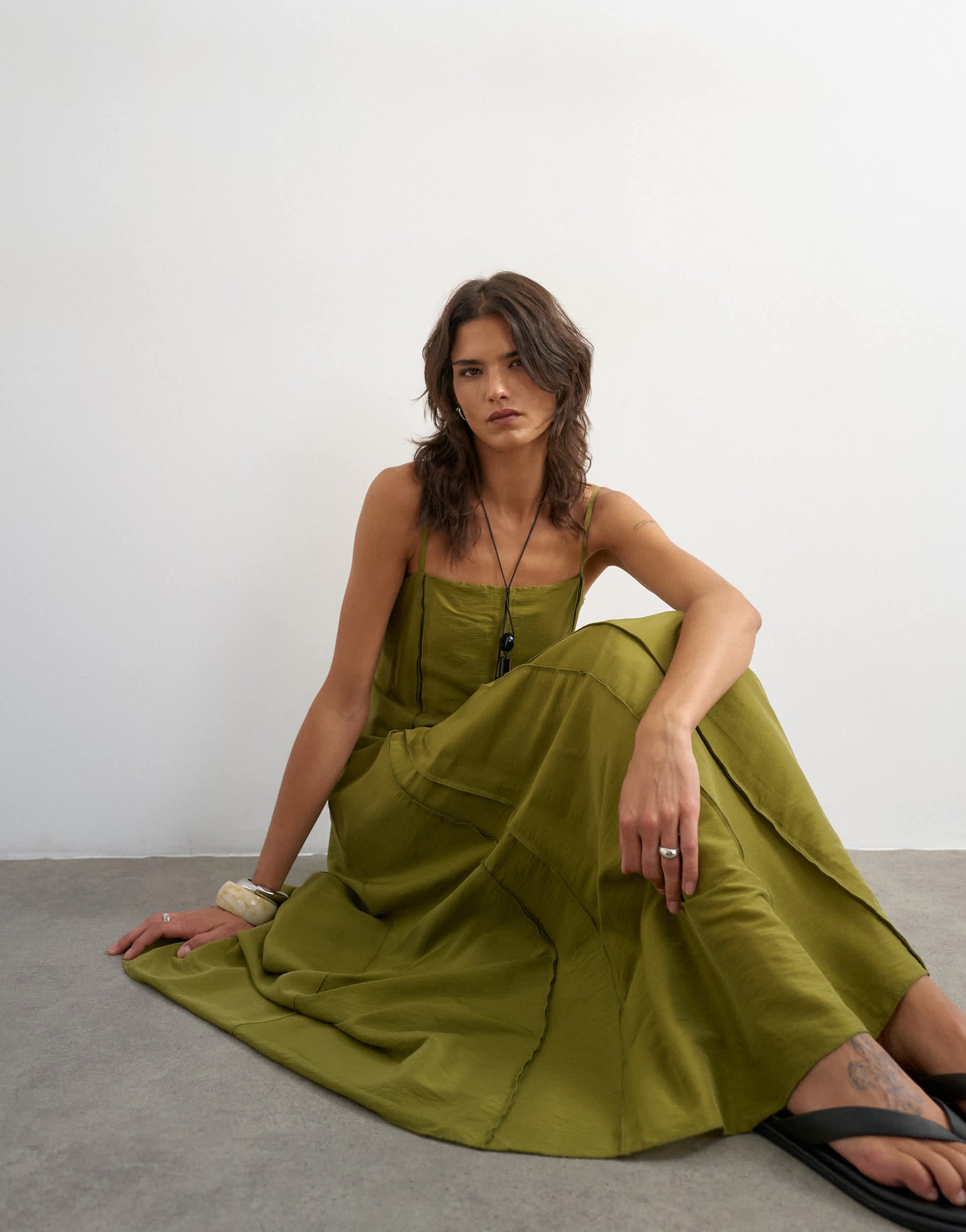 Topshop raw seamed strappy maxi dress in chartreuse green