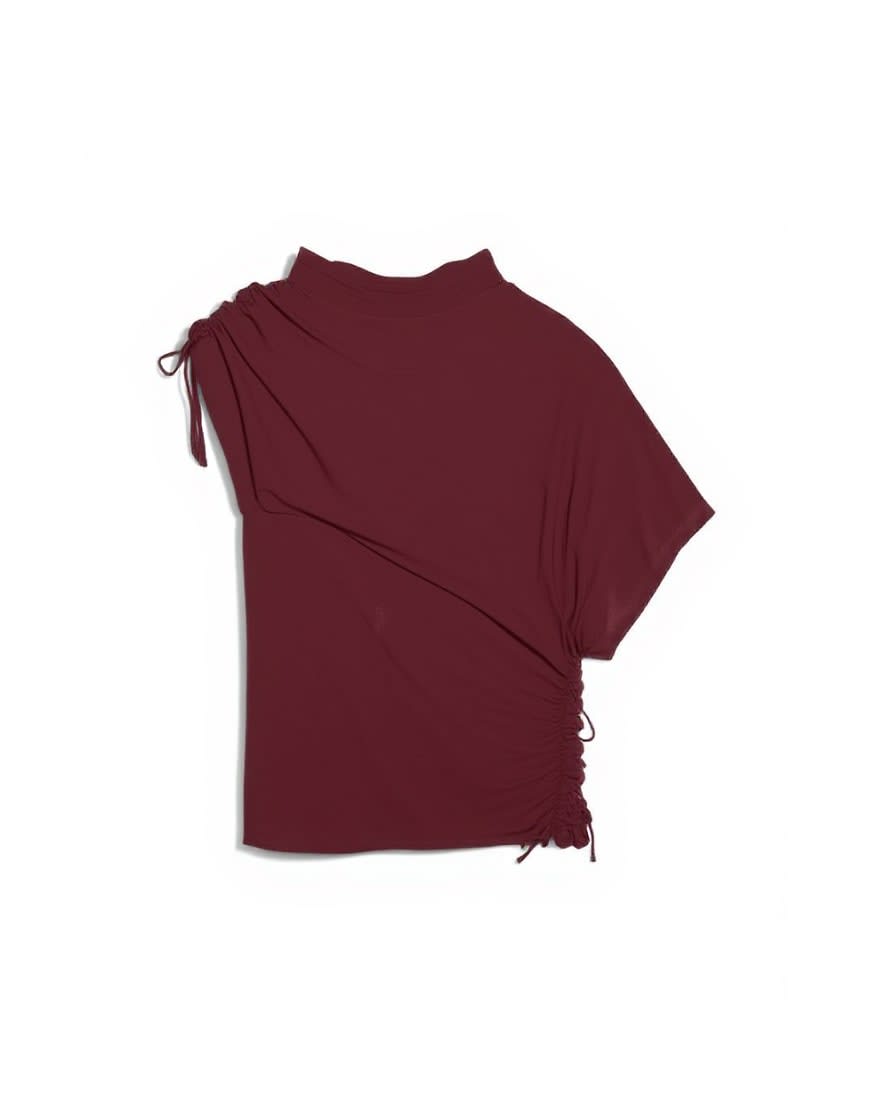 Topshop mesh ruched one sleeve top in burgundy