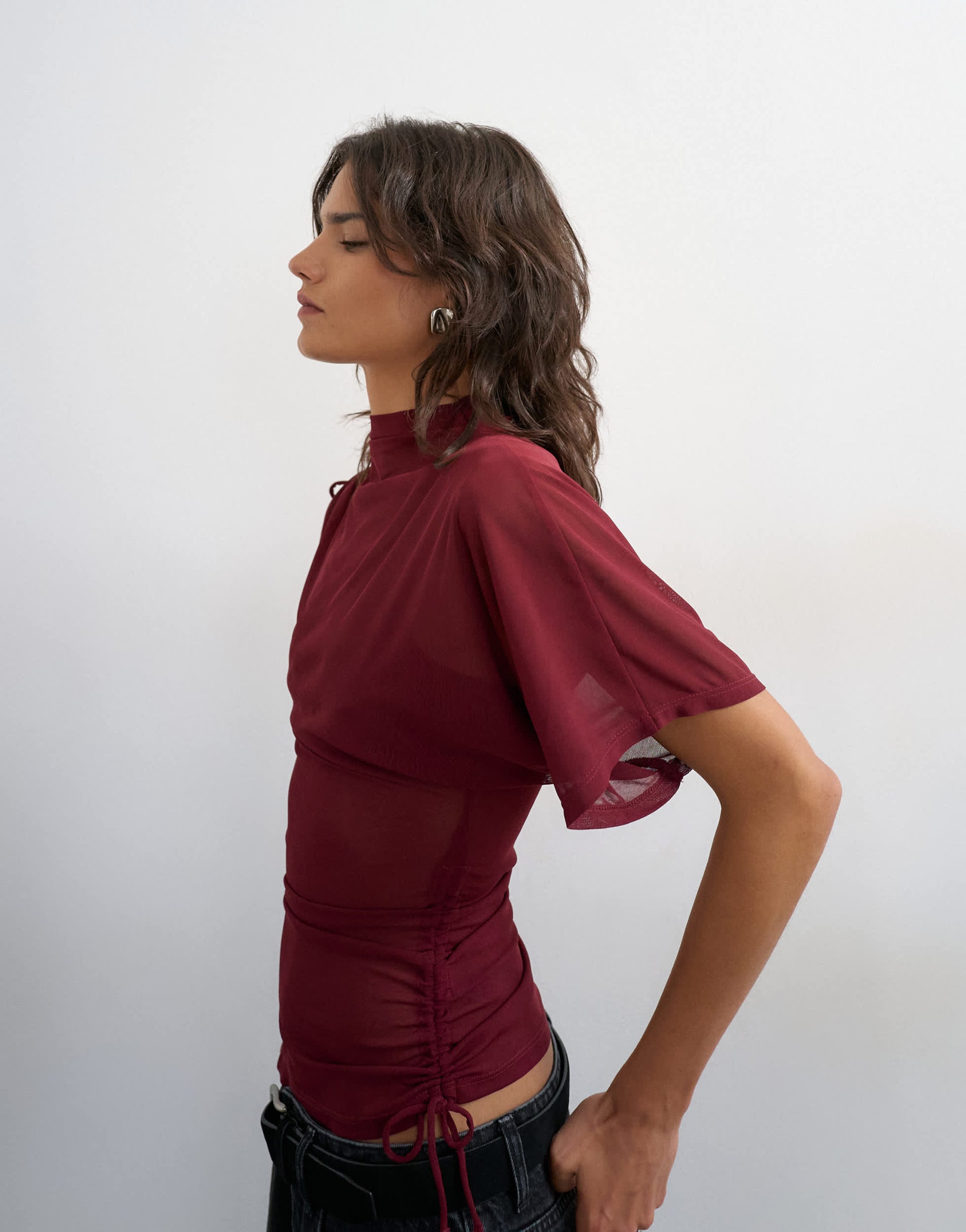 Topshop mesh ruched one sleeve top in burgundy