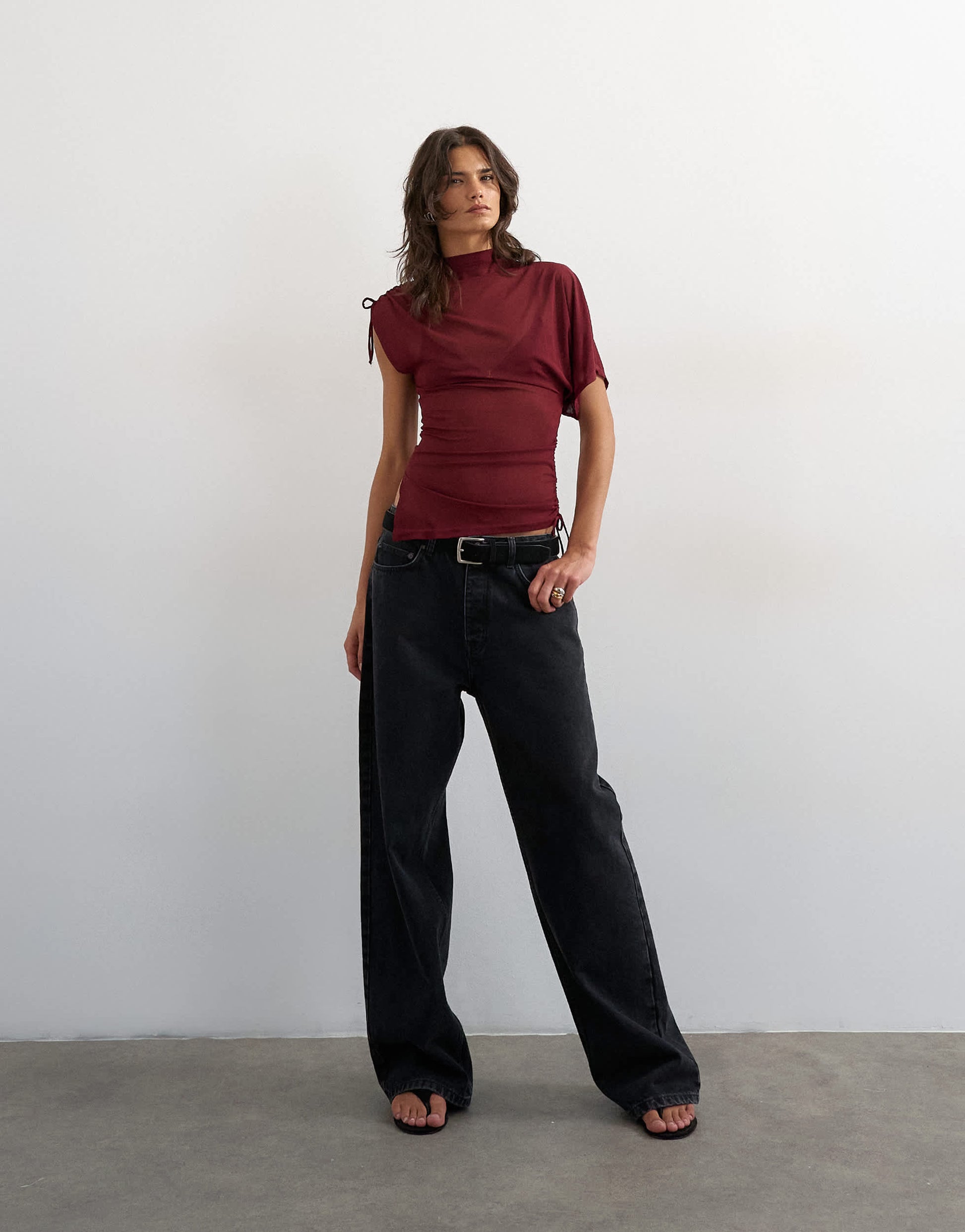 Topshop mesh ruched one sleeve top in burgundy
