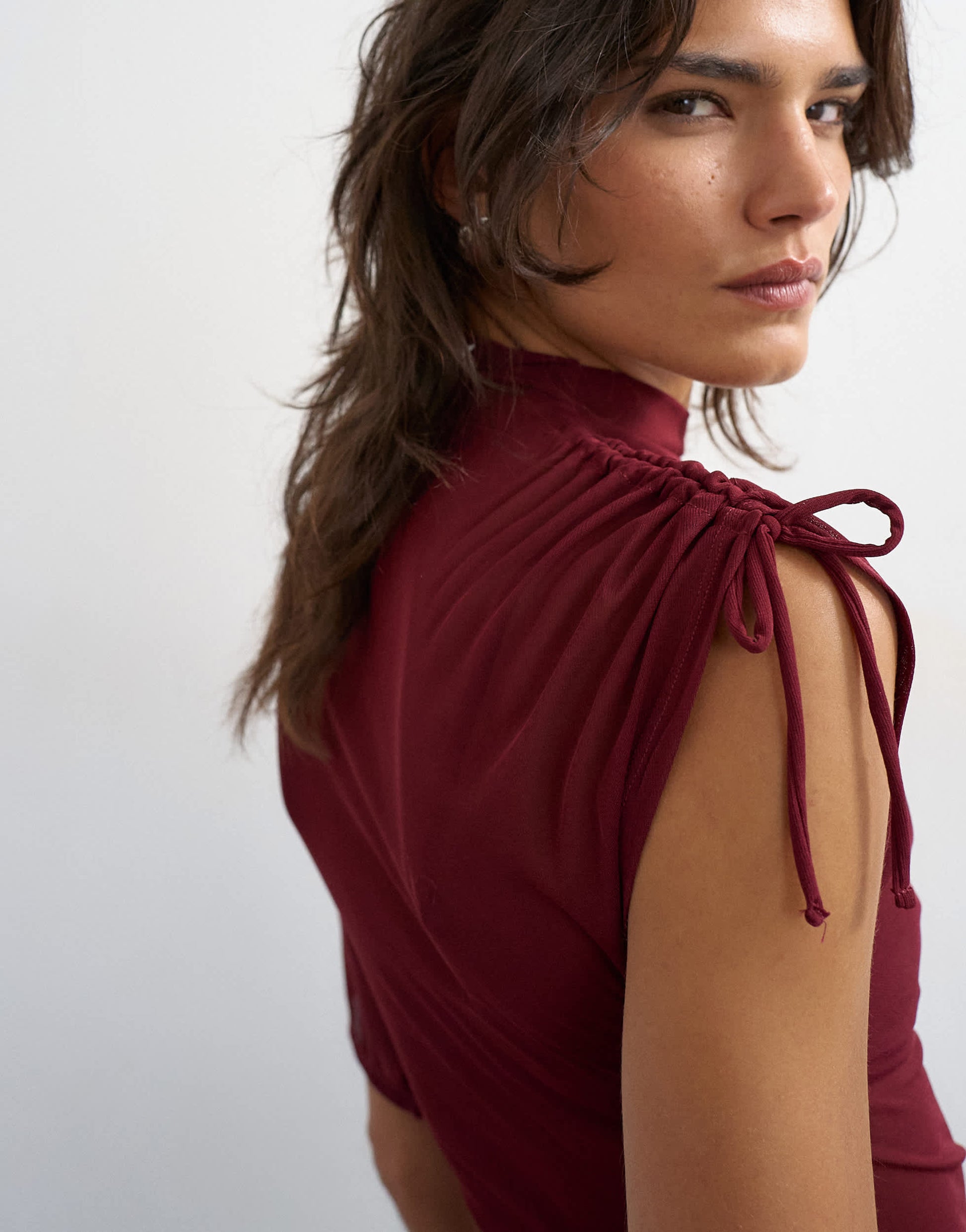 Topshop mesh ruched one sleeve top in burgundy