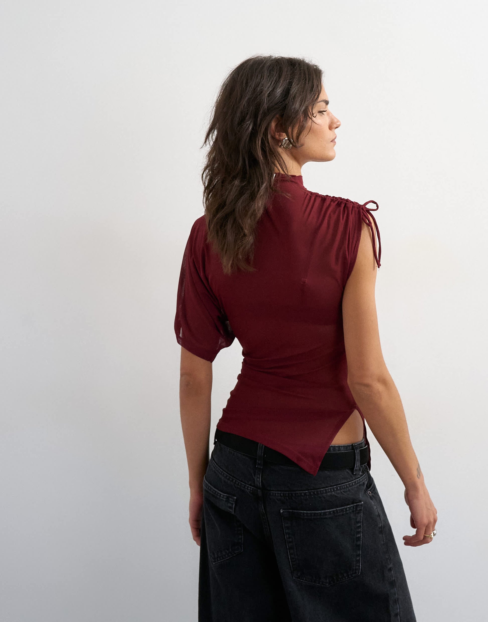 Topshop mesh ruched one sleeve top in burgundy