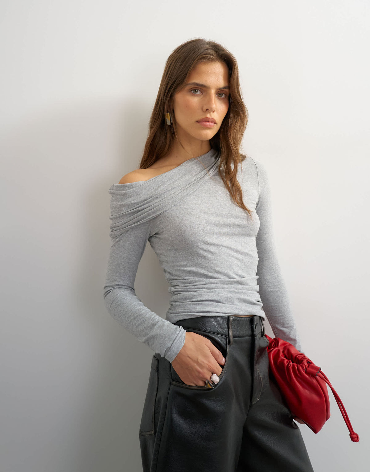 Topshop off shoulder ruched long sleeve top in grey marl