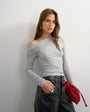 Topshop off shoulder ruched long sleeve top in grey marl