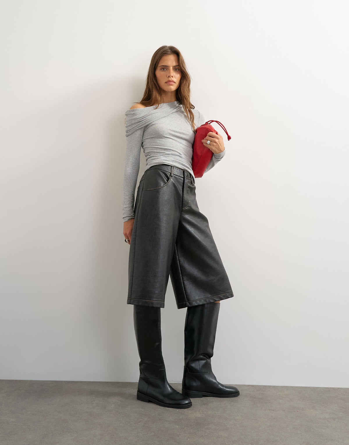 Topshop off shoulder ruched long sleeve top in grey marl