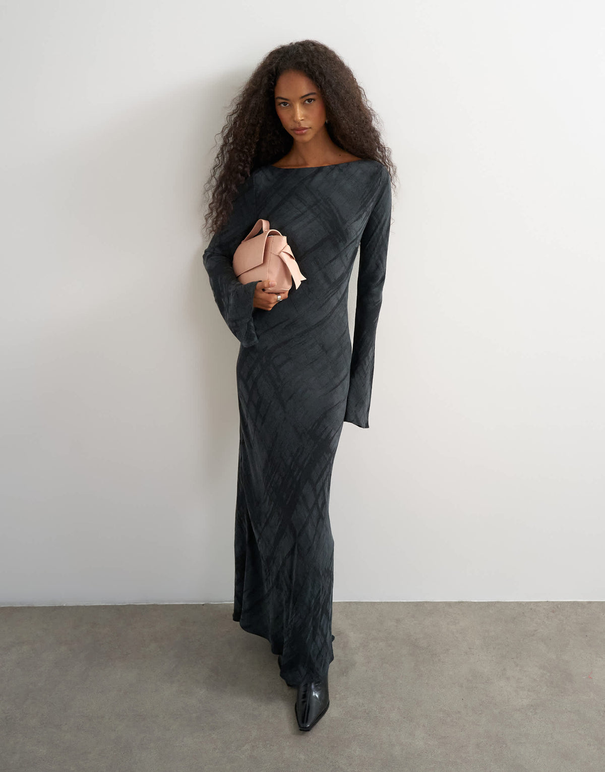 Topshop slash neck maxi dress in black premium cupro jacquard