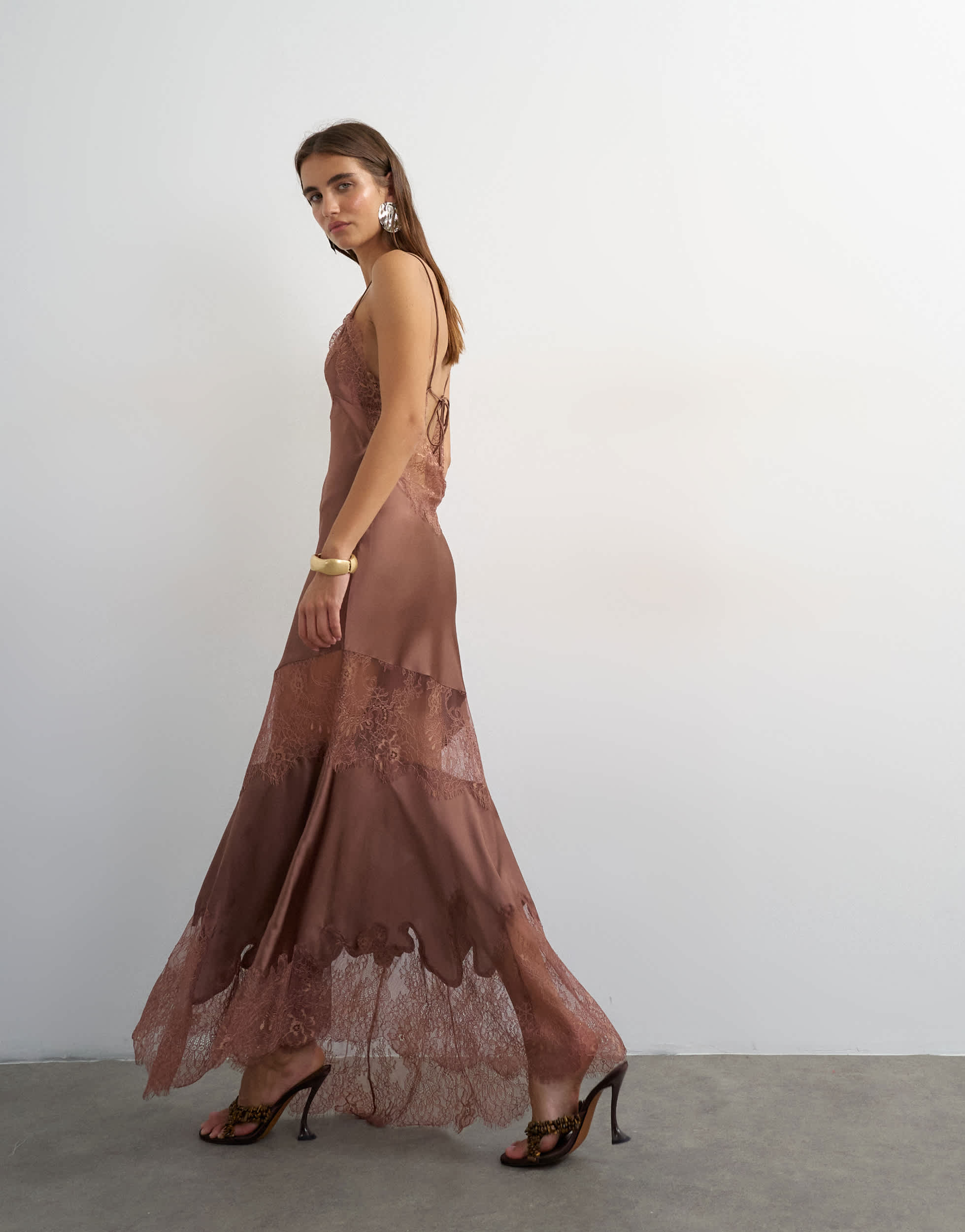 Topshop satin v neck maxi slip dress with lace inserts in mole