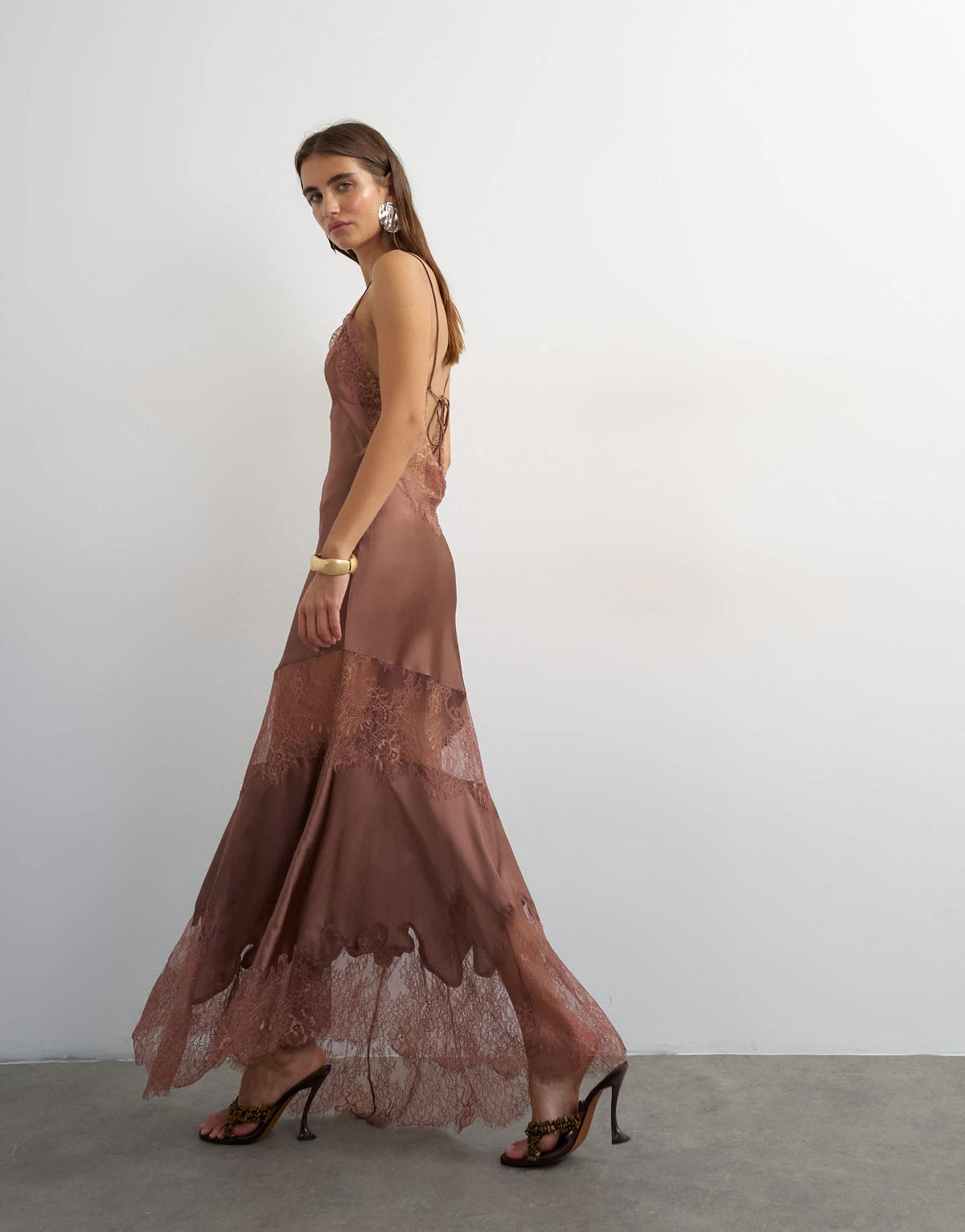 Topshop satin v neck maxi slip dress with lace inserts in mole