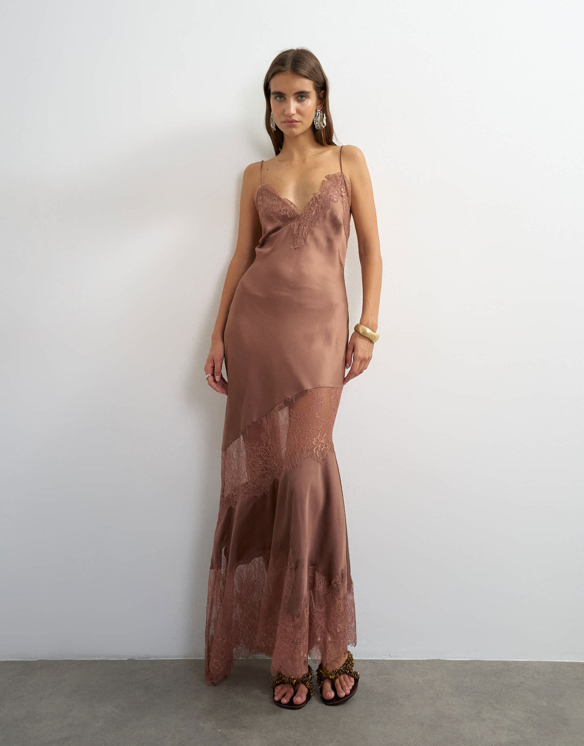 Topshop satin v neck maxi slip dress with lace inserts in mole