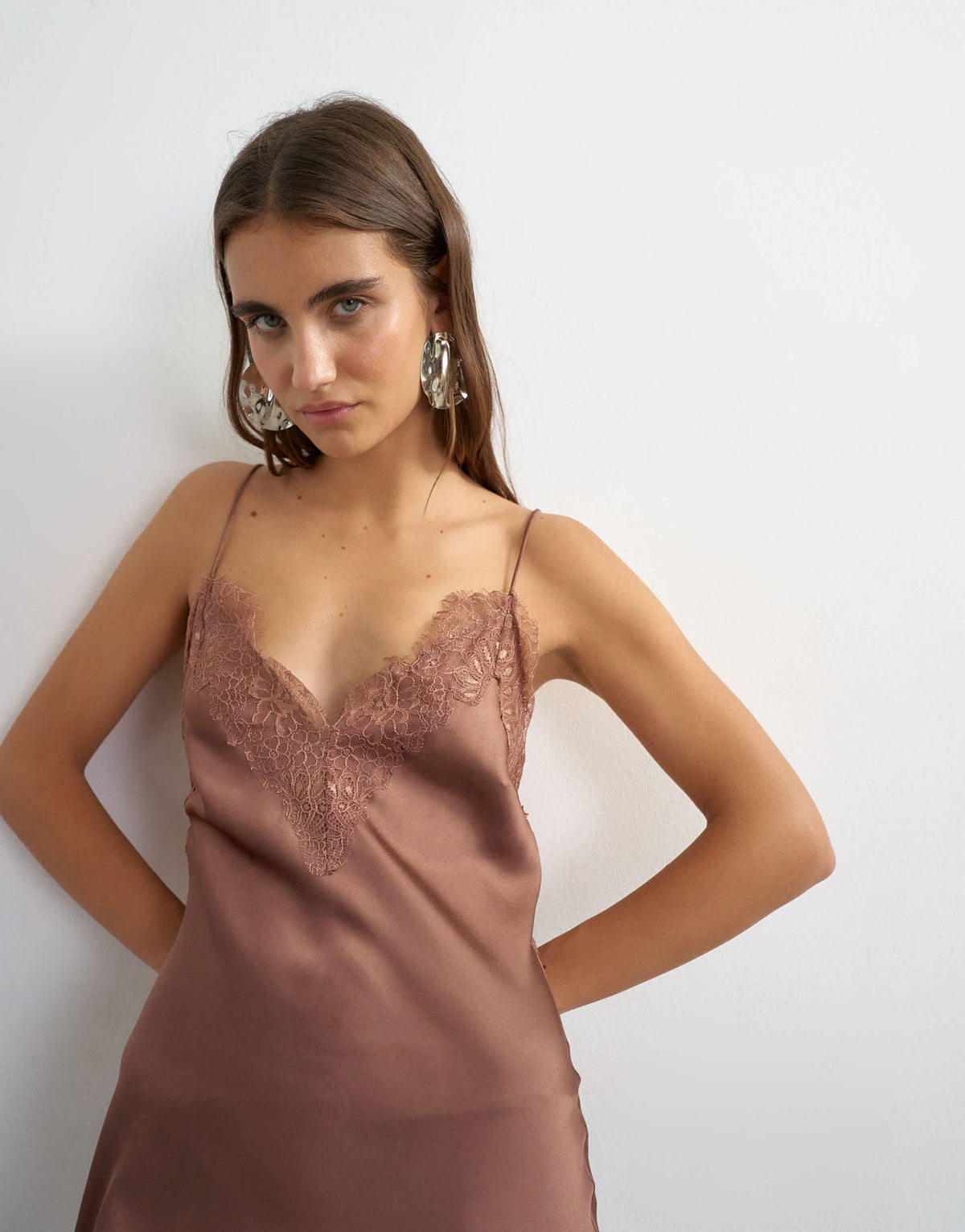 Topshop satin v neck maxi slip dress with lace inserts in mole